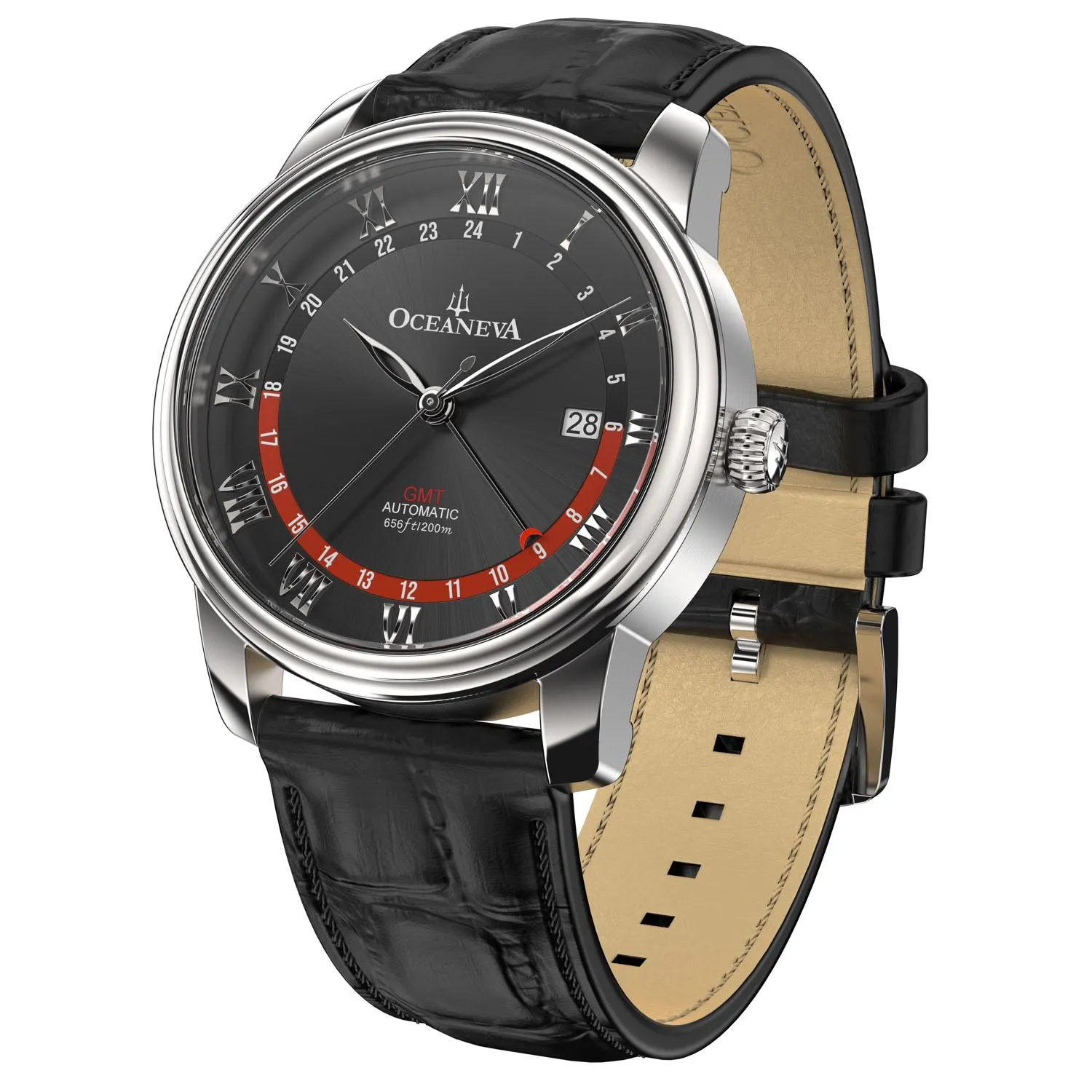 Oceaneva Men's OceanTrek GMT Automatic 200m Leather Watch Black