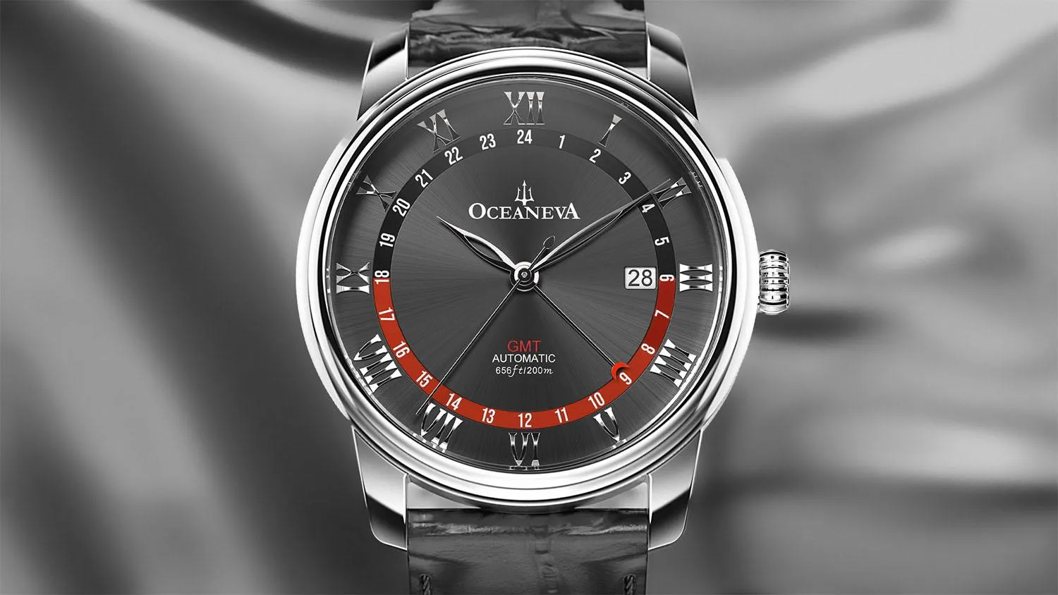Oceaneva Men's OceanTrek GMT Automatic 200m Leather Watch Black