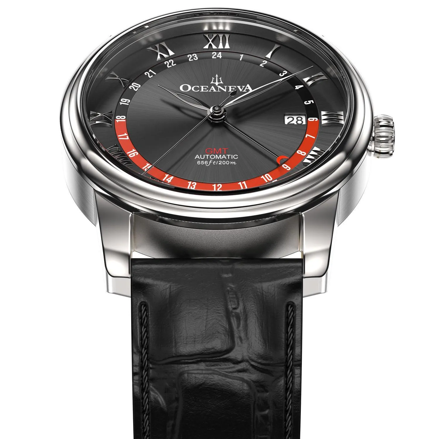 Oceaneva Men's OceanTrek GMT Automatic 200m Leather Watch Black