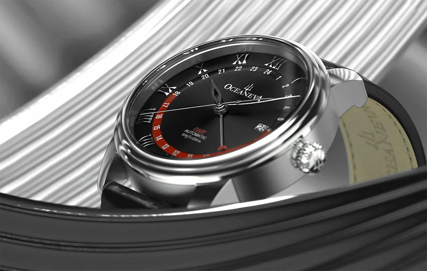 Oceaneva Men's OceanTrek GMT Automatic 200m Leather Watch Black
