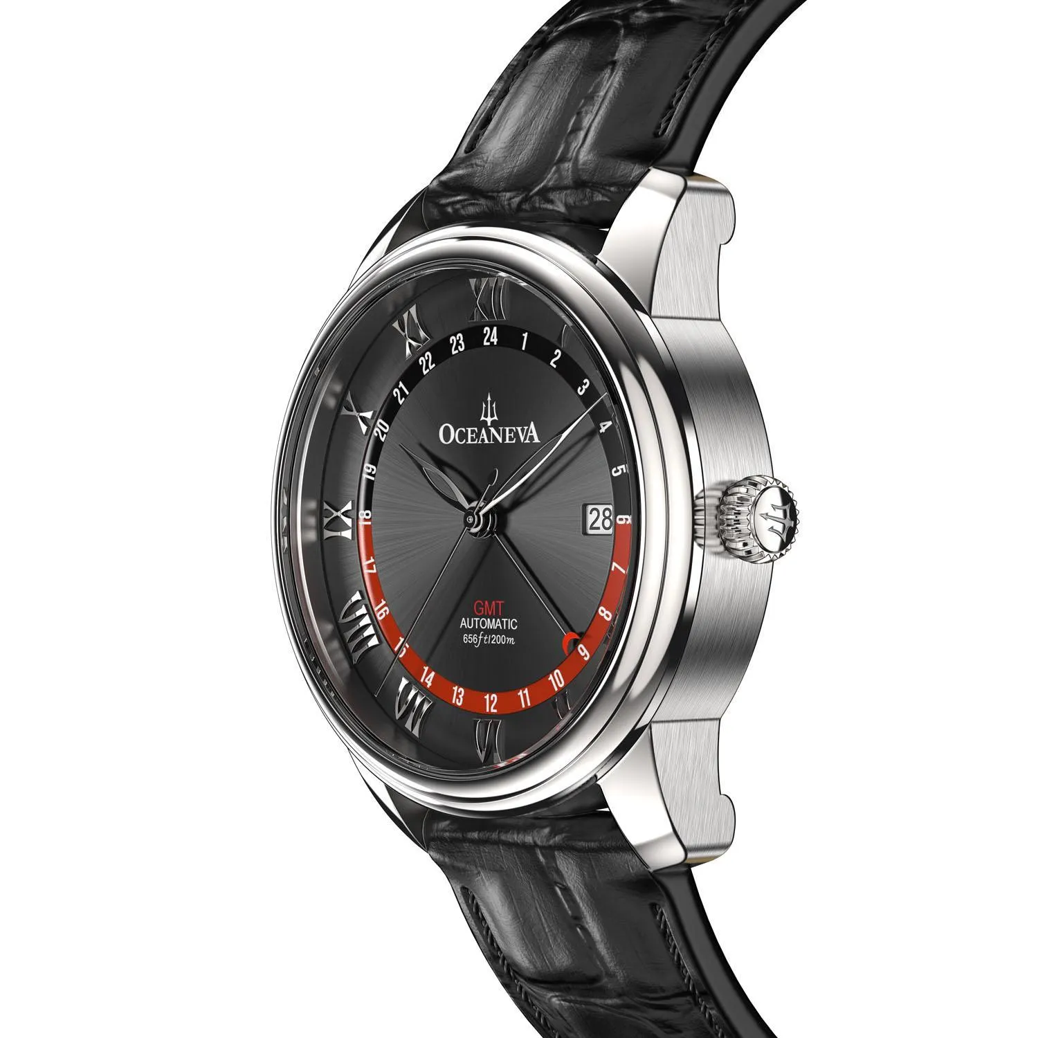 Oceaneva Men's OceanTrek GMT Automatic 200m Leather Watch Black
