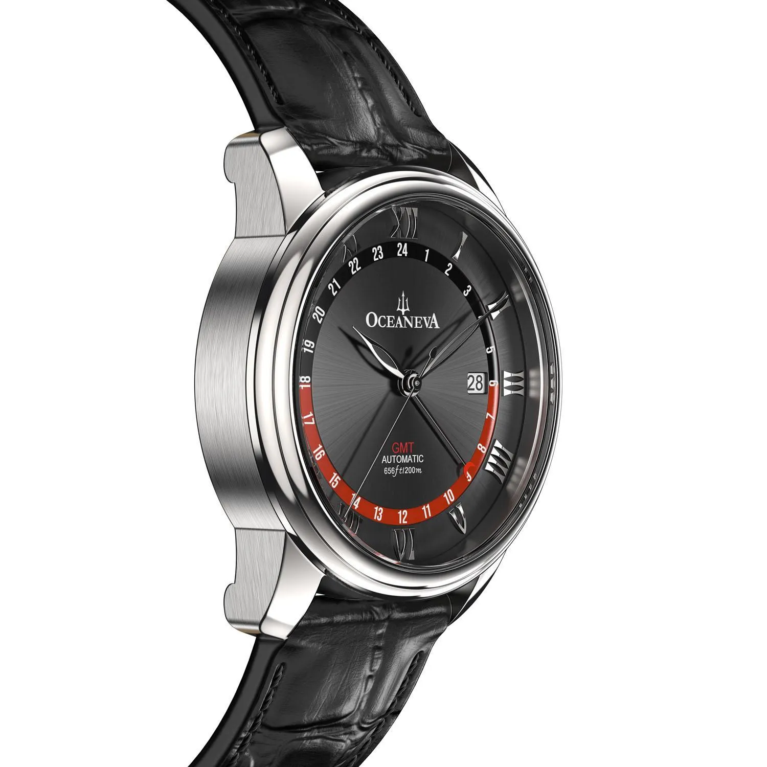 Oceaneva Men's OceanTrek GMT Automatic 200m Leather Watch Black