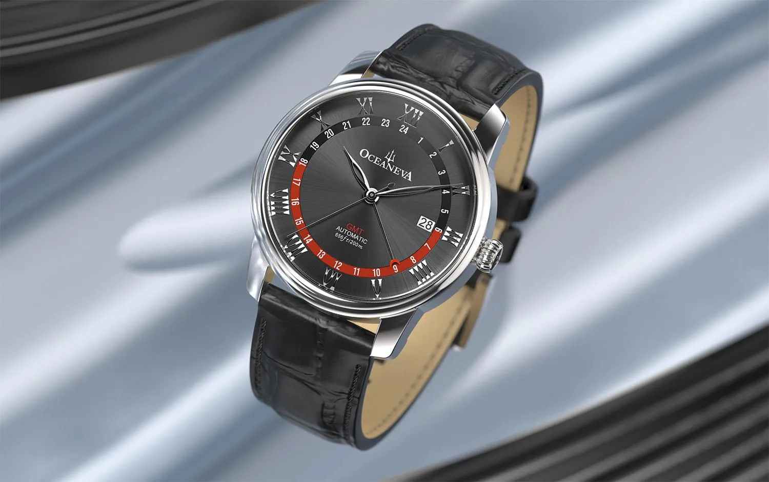 Oceaneva Men's OceanTrek GMT Automatic 200m Leather Watch Black