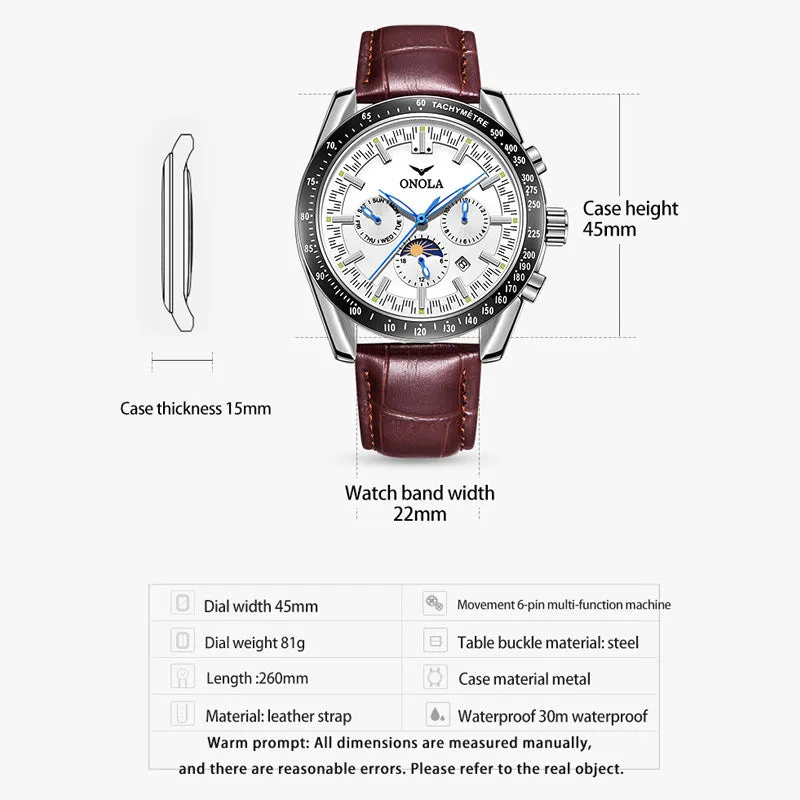 ONOLA Luxury Chronograph Automatic Watch w/ Genuine Leather Strap