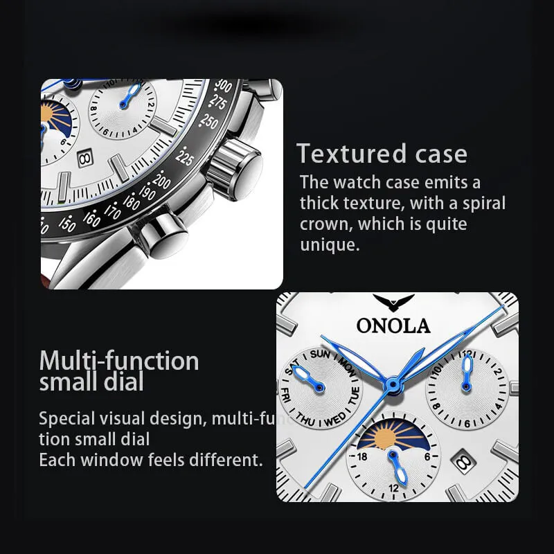 ONOLA Luxury Chronograph Automatic Watch w/ Genuine Leather Strap