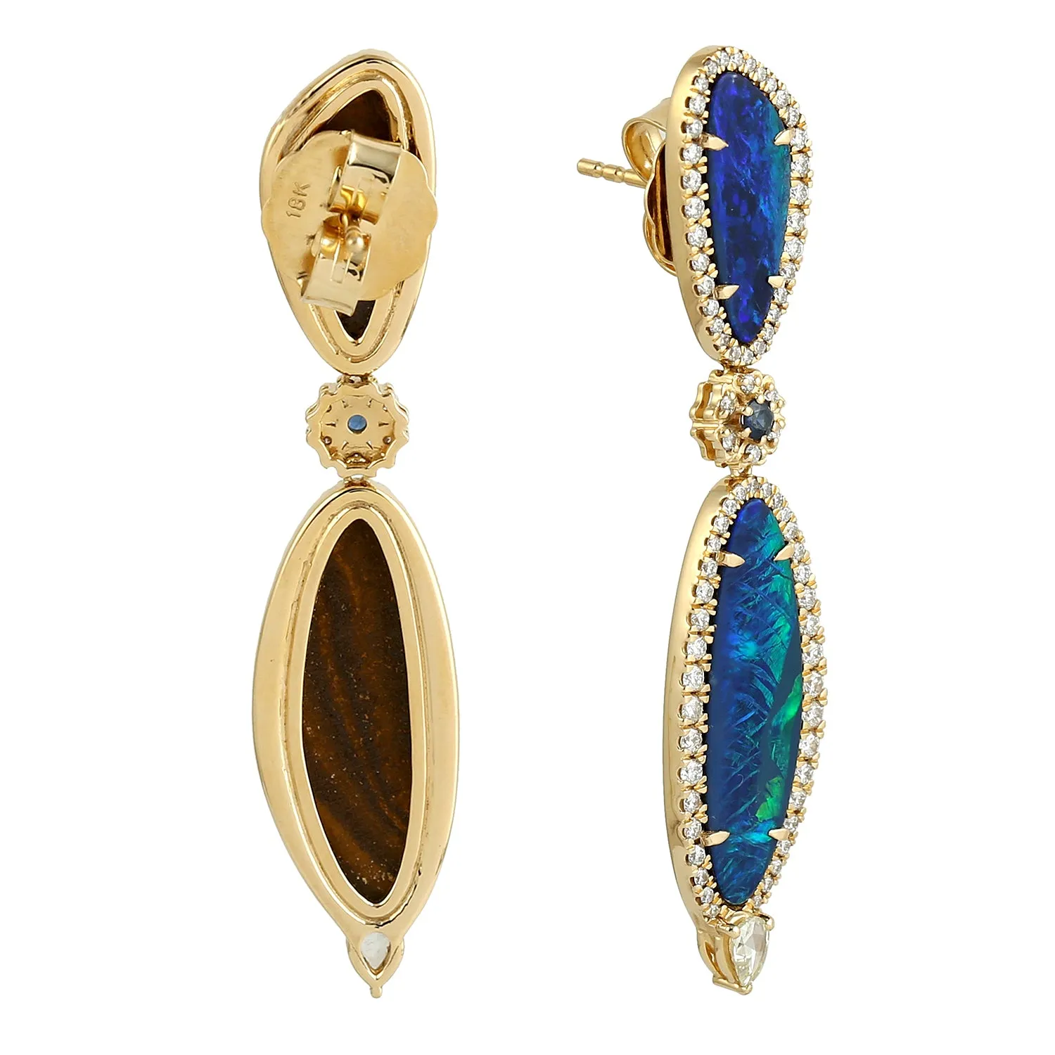 Opal Doublet Pave Diamond Blue Sapphire Beautiful Dangler In 18k Yellow Gold