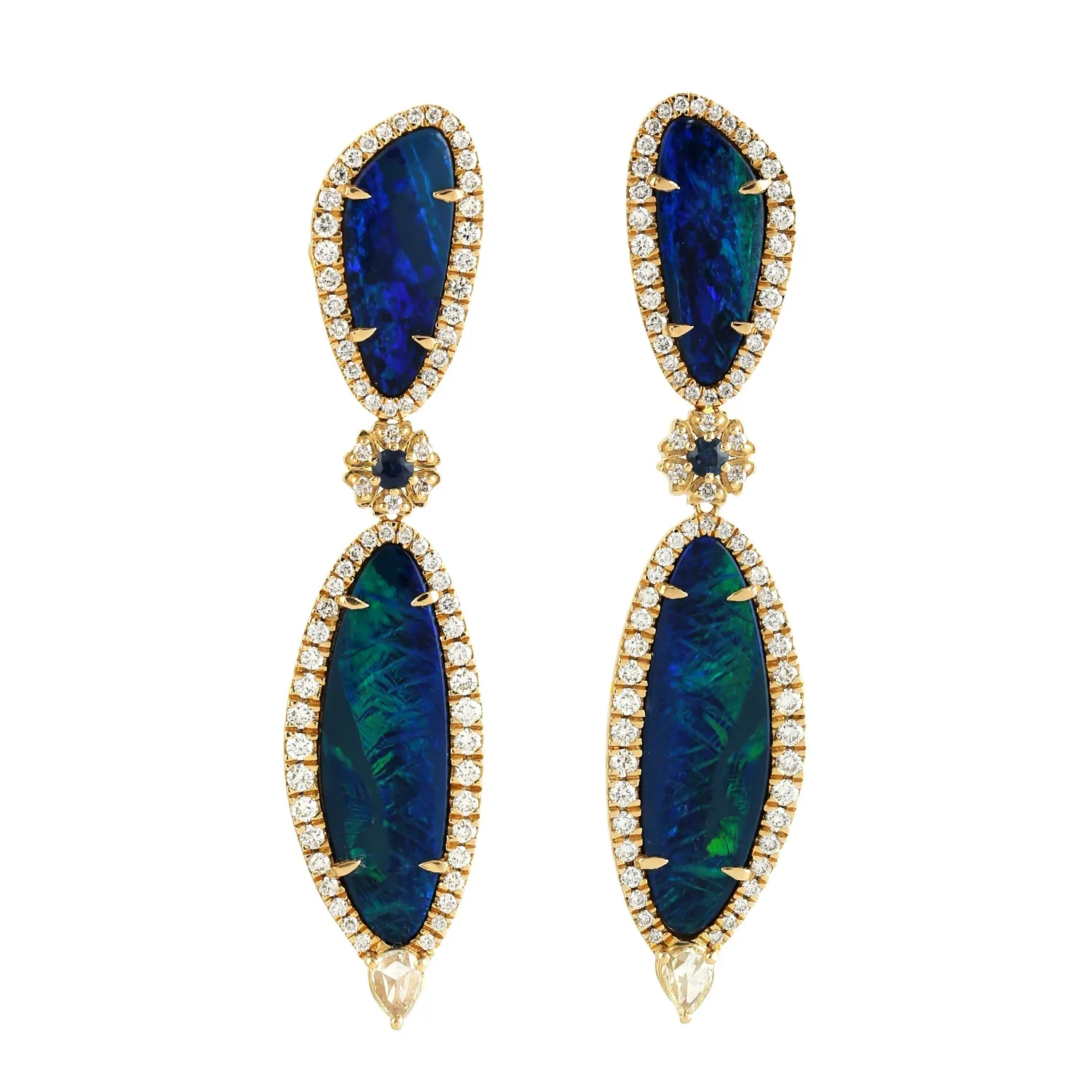 Opal Doublet Pave Diamond Blue Sapphire Beautiful Dangler In 18k Yellow Gold