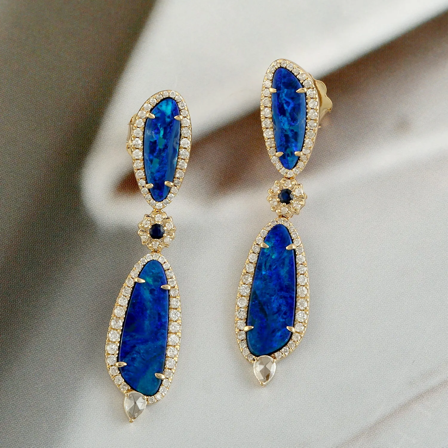 Opal Doublet Pave Diamond Blue Sapphire Beautiful Dangler In 18k Yellow Gold