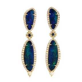 Opal Doublet Pave Diamond Blue Sapphire Beautiful Dangler In 18k Yellow Gold