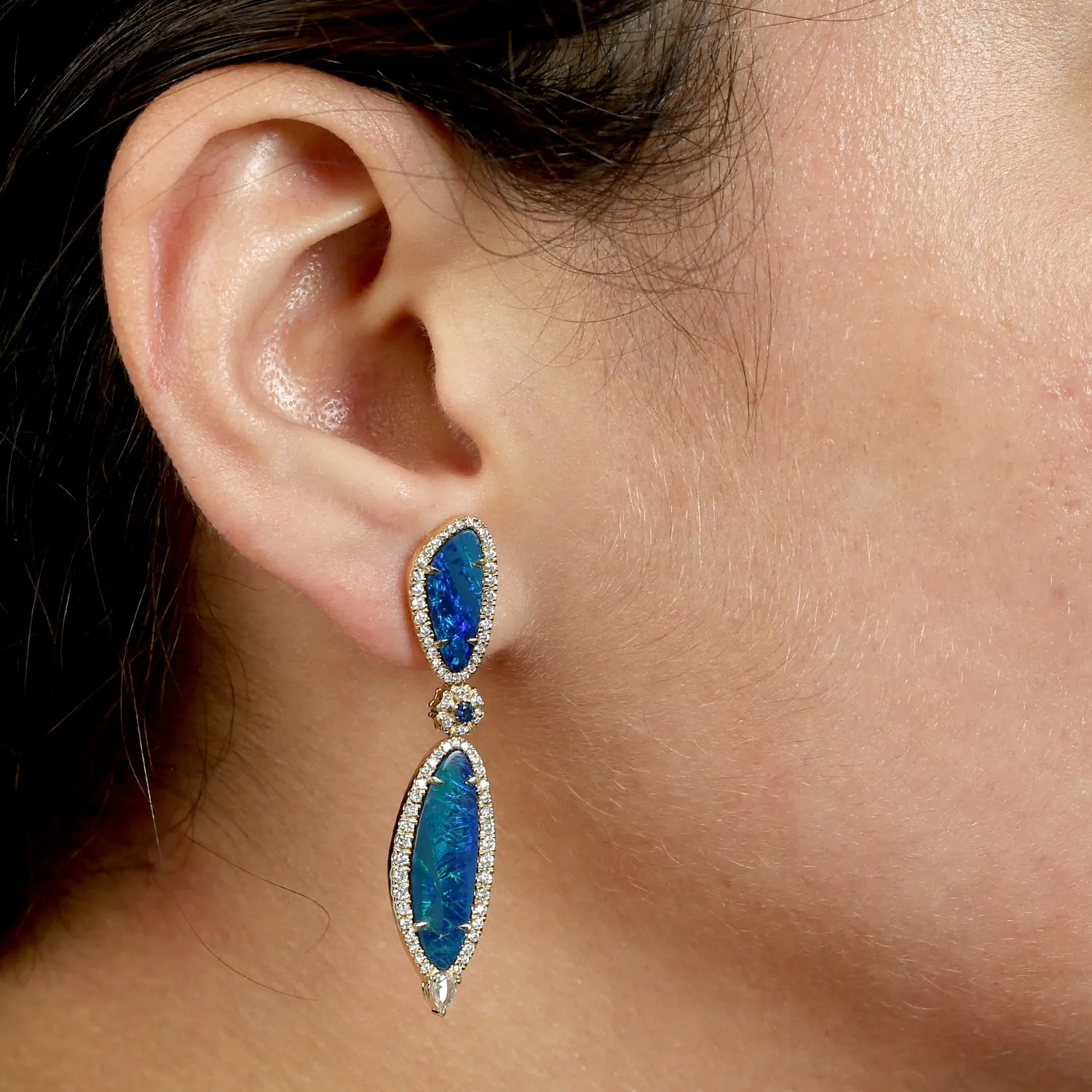 Opal Doublet Pave Diamond Blue Sapphire Beautiful Dangler In 18k Yellow Gold