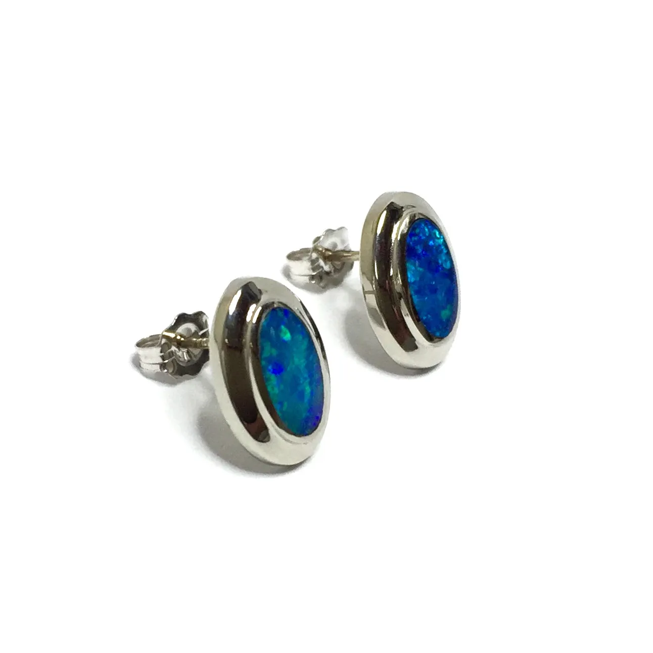 Opal Earrings Oval Inlaid Studs