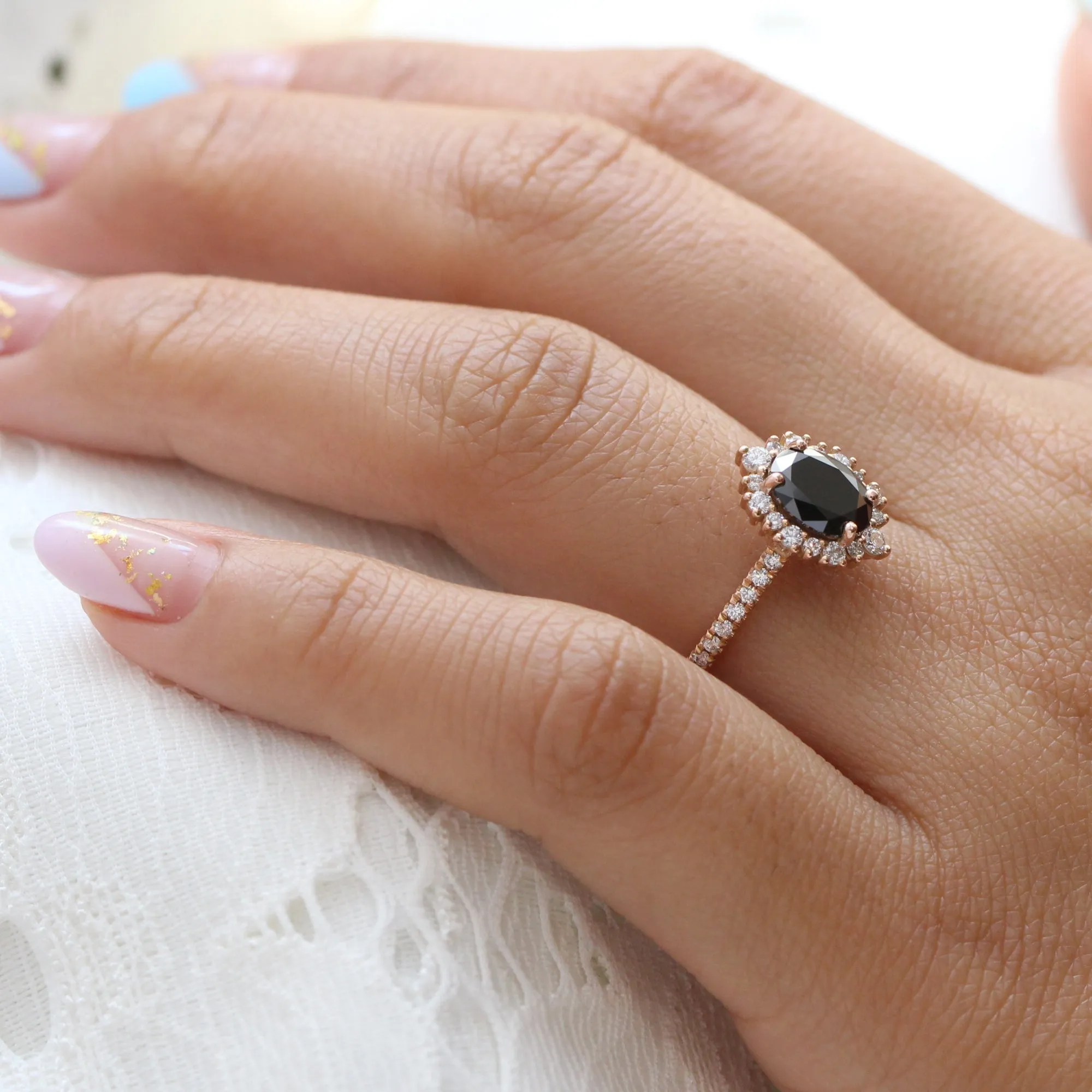 Oval Black Diamond Engagement Ring in Tiara Halo Diamond Pave Band