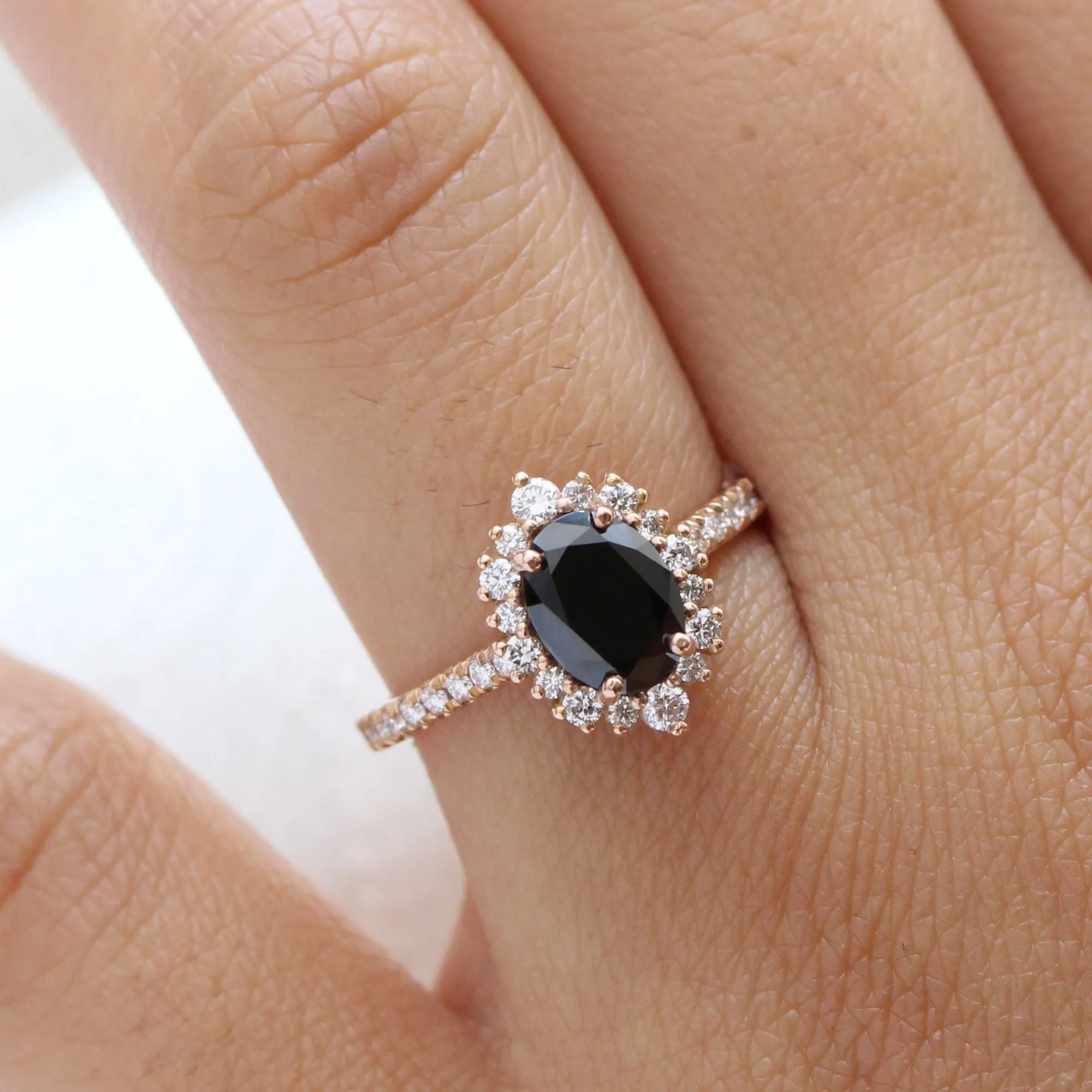 Oval Black Diamond Engagement Ring in Tiara Halo Diamond Pave Band