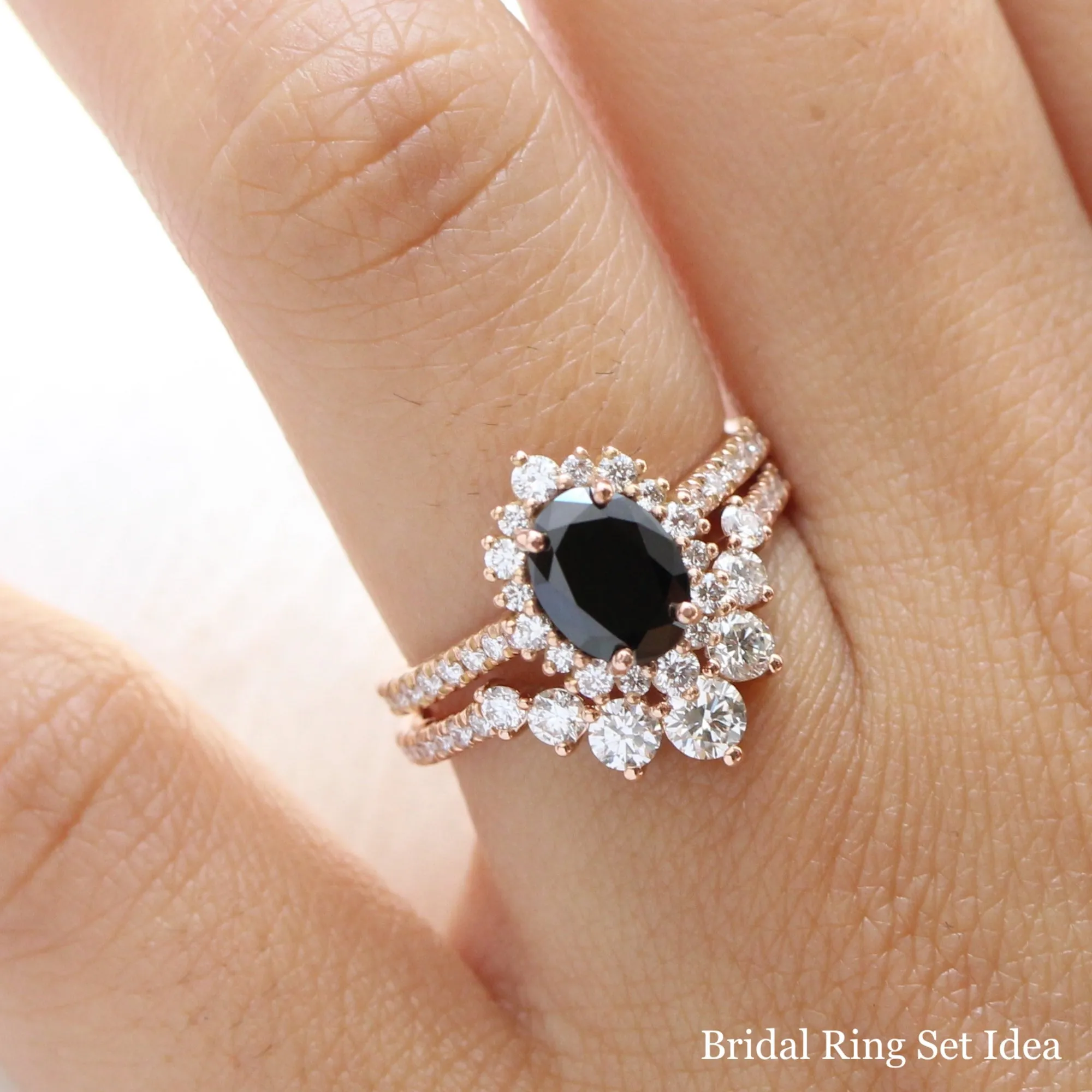Oval Black Diamond Engagement Ring in Tiara Halo Diamond Pave Band