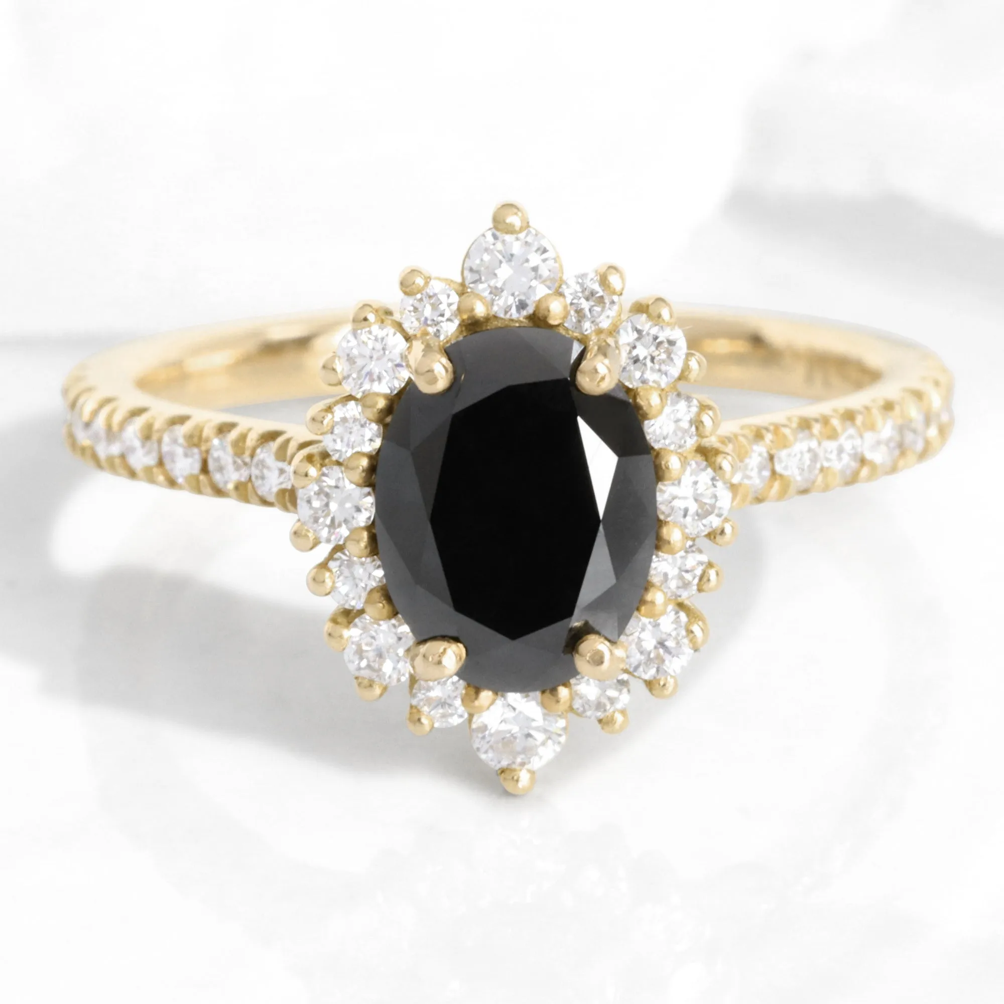 Oval Black Diamond Engagement Ring in Tiara Halo Diamond Pave Band