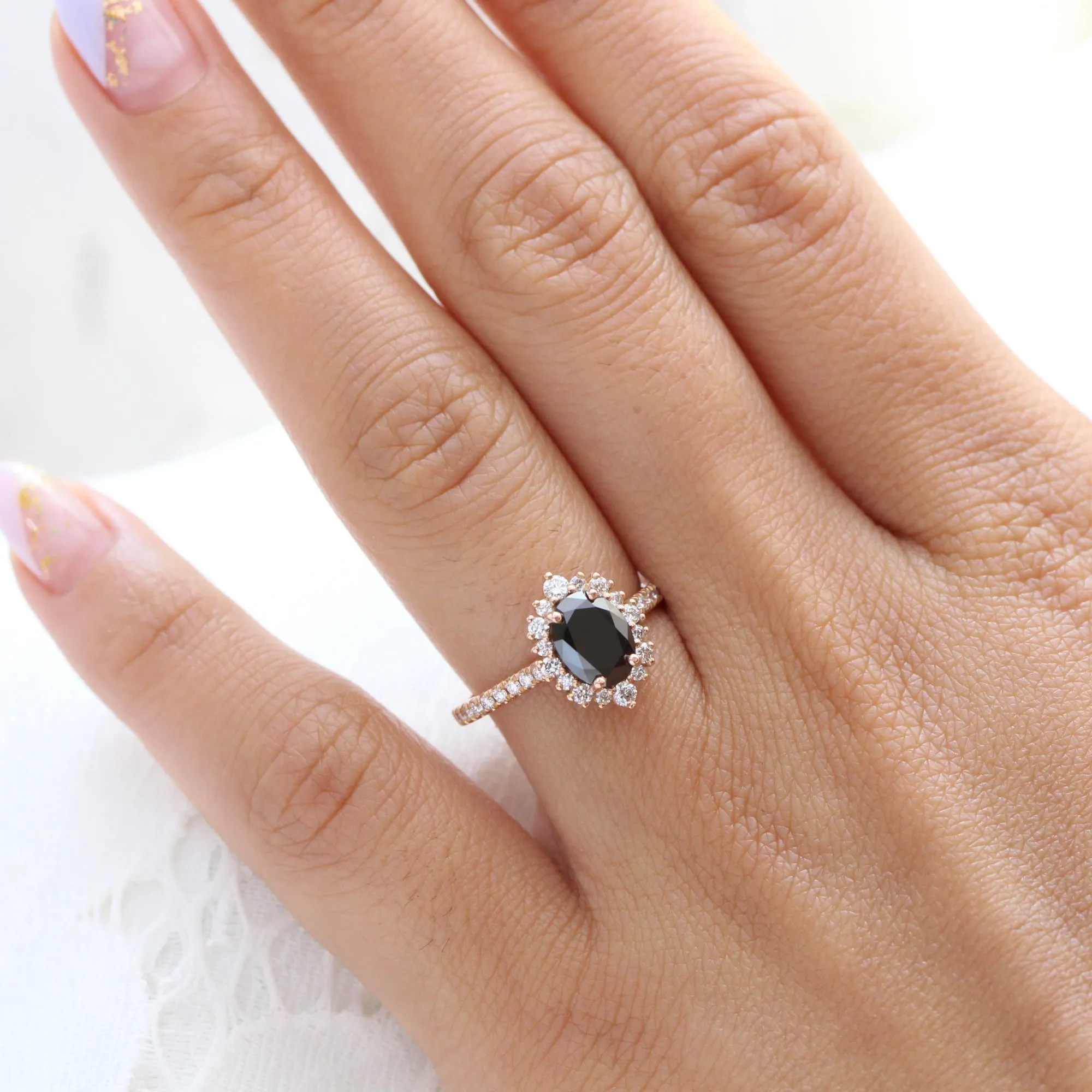 Oval Black Diamond Engagement Ring in Tiara Halo Diamond Pave Band