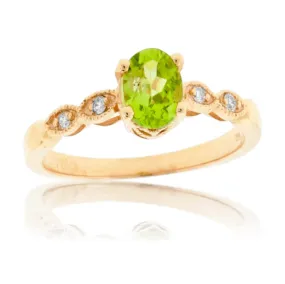 Oval Peridot and Diamond Milgrain Style Ring