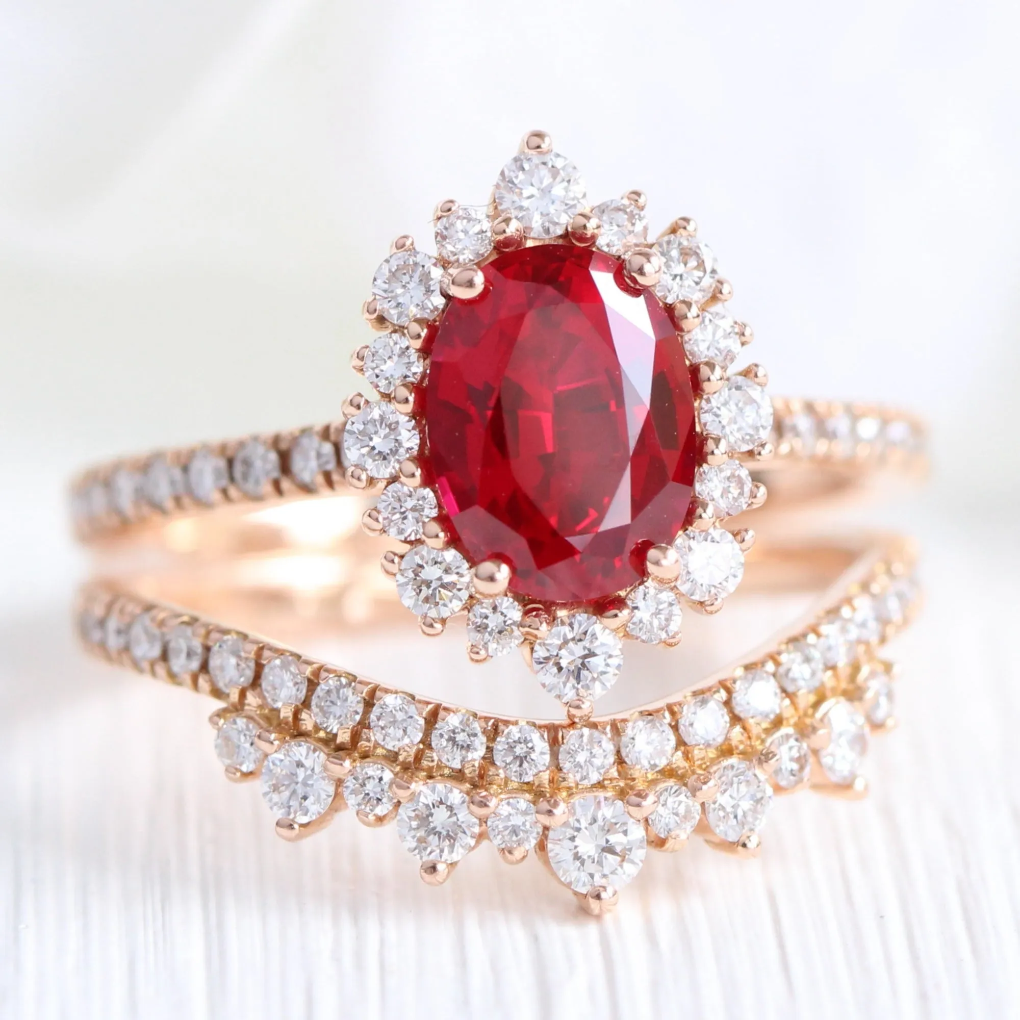 Oval Ruby Engagement Ring in Tiara Halo Diamond Pave Band