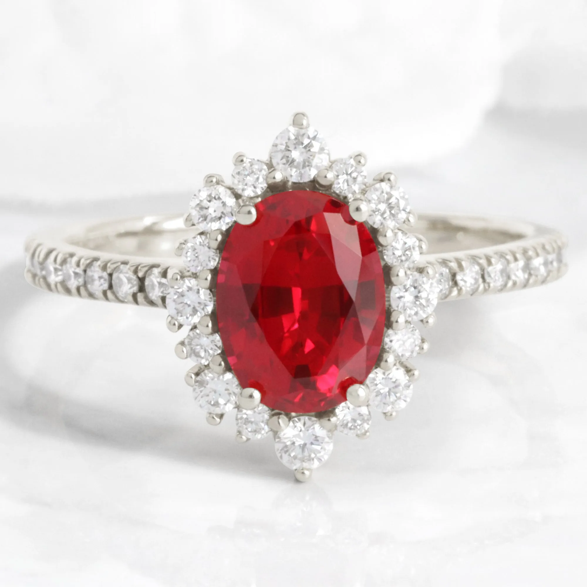 Oval Ruby Engagement Ring in Tiara Halo Diamond Pave Band