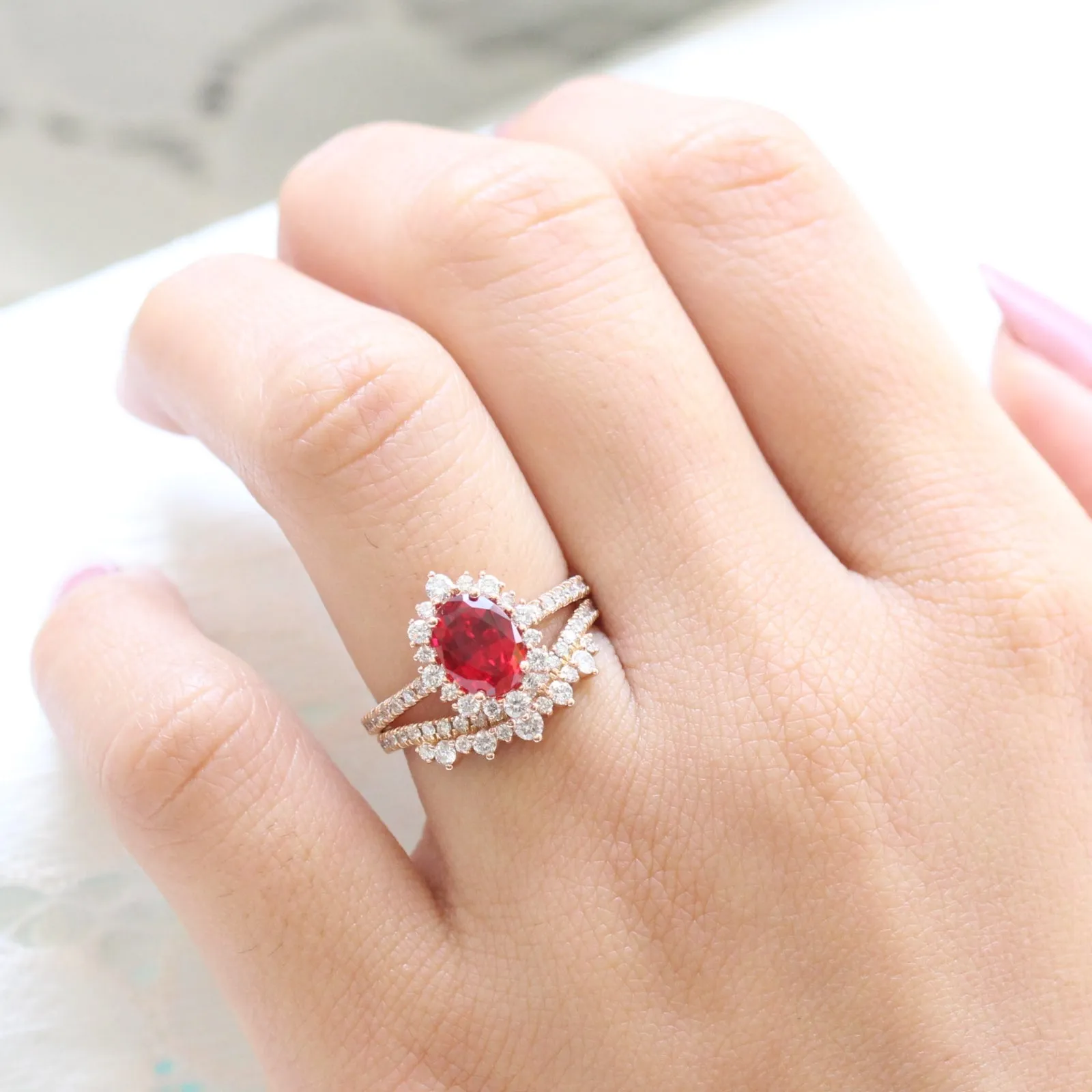 Oval Ruby Engagement Ring in Tiara Halo Diamond Pave Band