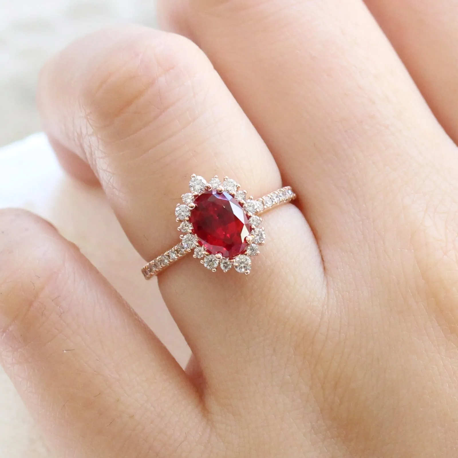 Oval Ruby Engagement Ring in Tiara Halo Diamond Pave Band