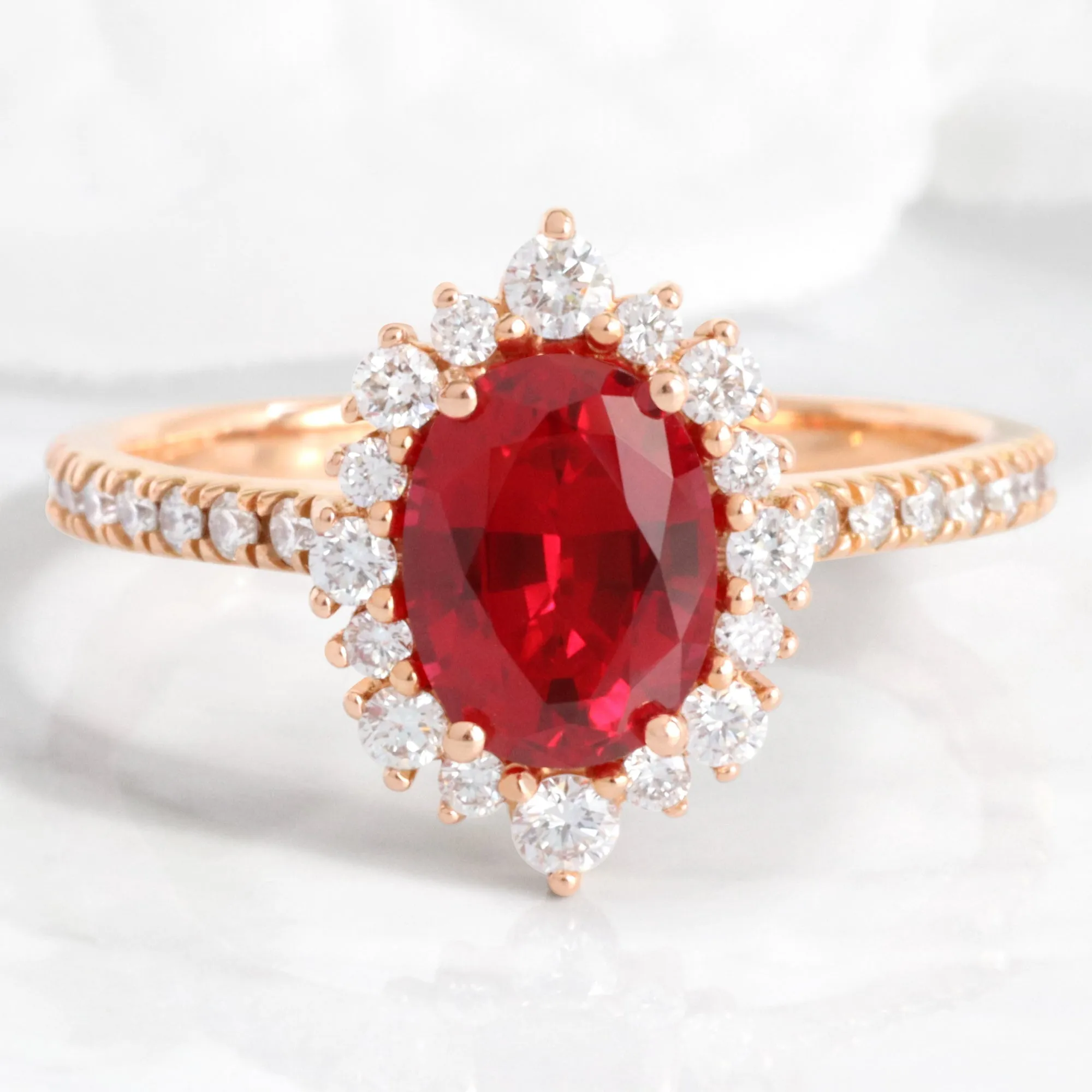 Oval Ruby Engagement Ring in Tiara Halo Diamond Pave Band