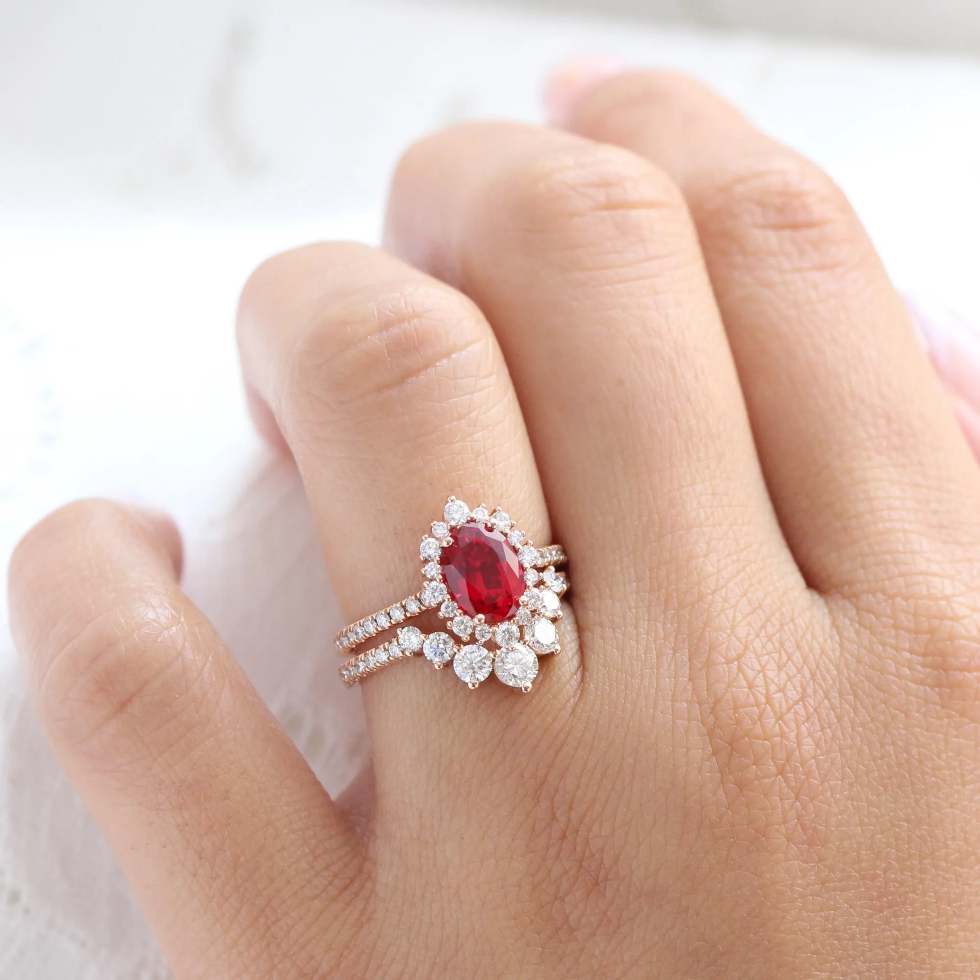 Oval Ruby Engagement Ring in Tiara Halo Diamond Pave Band