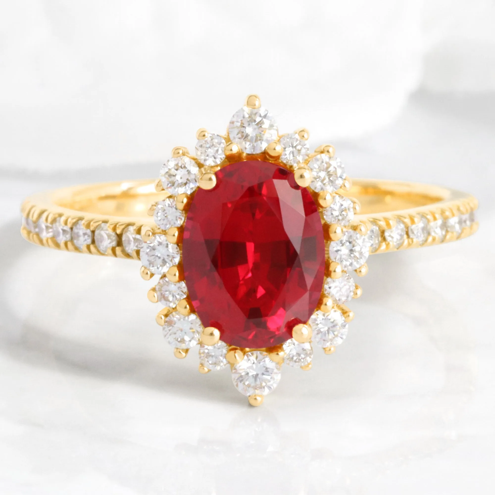Oval Ruby Engagement Ring in Tiara Halo Diamond Pave Band