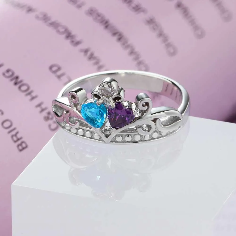 Personalized 925 Sterling Silver Heart Crown Ring For Women- Custom 2 Birthstones And Cubic Zirconia Stones Ring