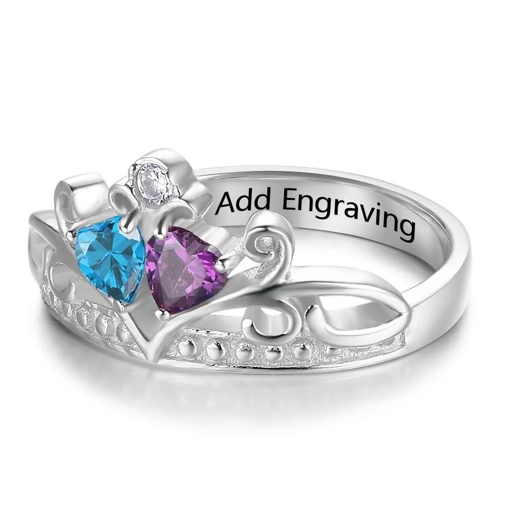 Personalized 925 Sterling Silver Heart Crown Ring For Women- Custom 2 Birthstones And Cubic Zirconia Stones Ring