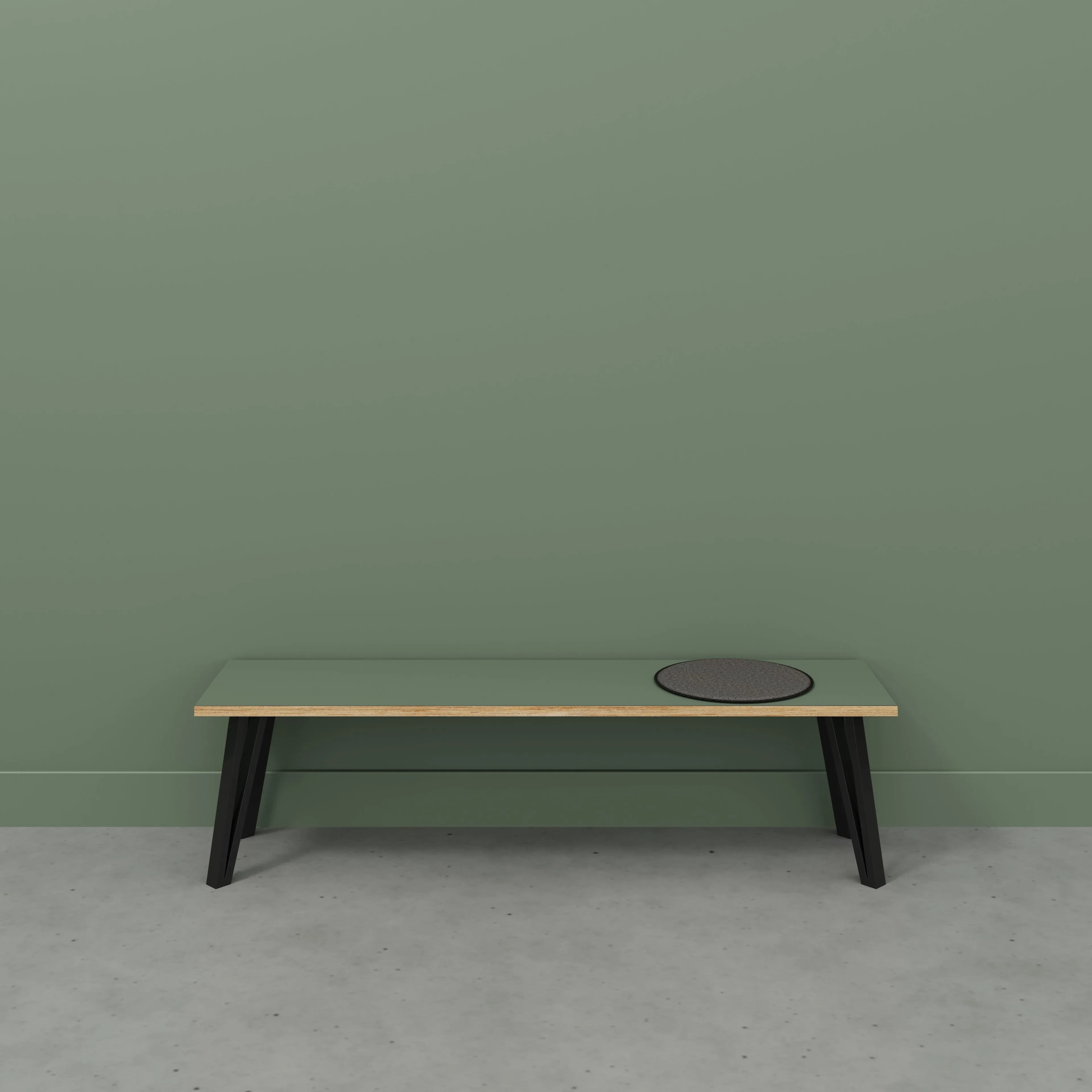 Plywood Bench Seat with Black Box Hairpin Legs - Formica Green Slate - 1600(w) x 400(d) x 450(h)