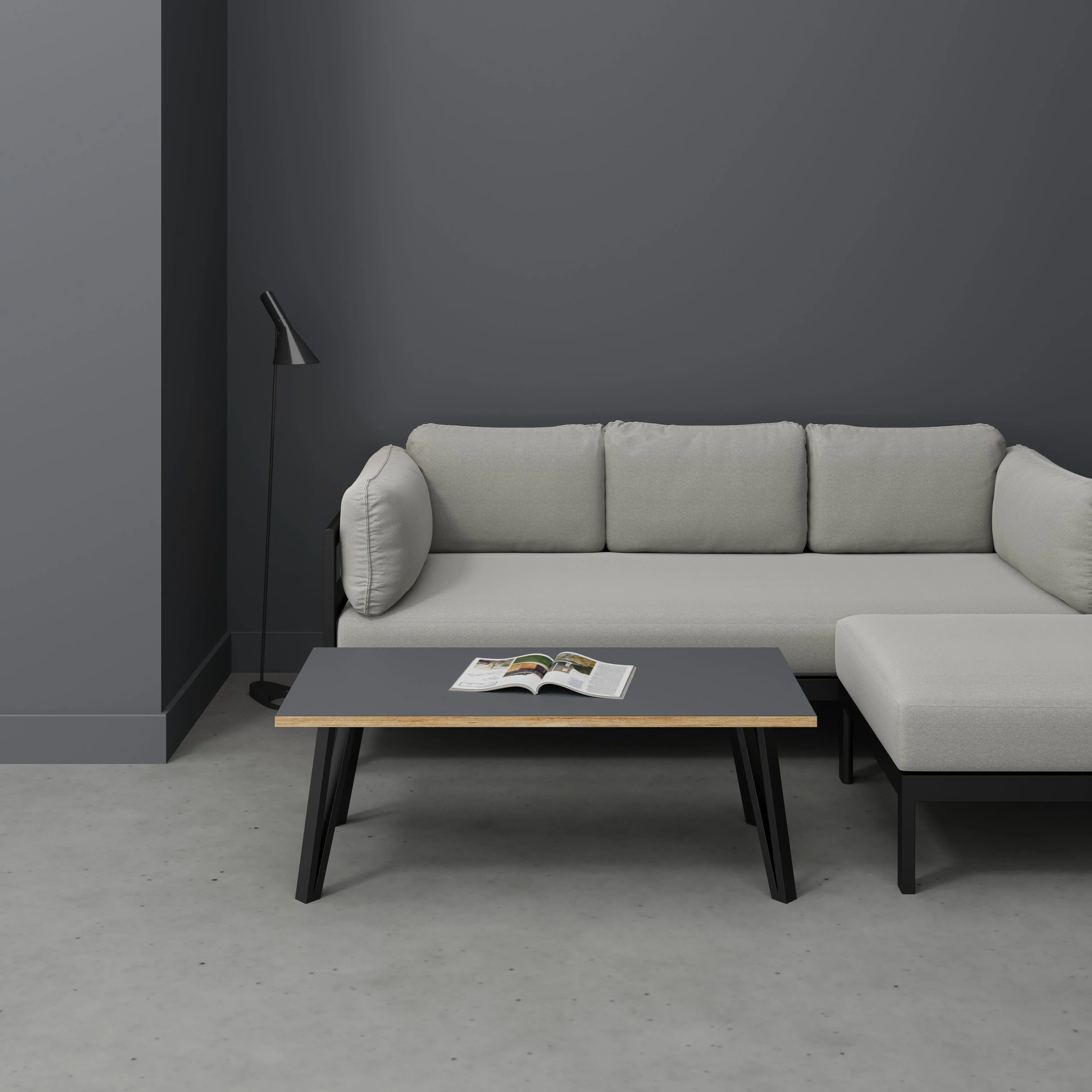 Plywood Coffee Table with Black Box Hairpin Legs - Formica Tornado Grey - 1200(w) x 600(d) x 425(h)