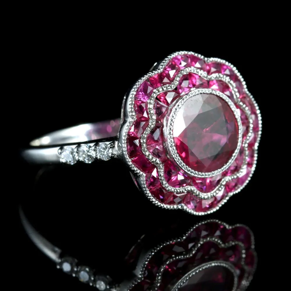 Ruby Cluster Diamond Ring 18Ct White Gold Ring