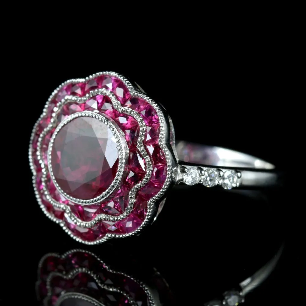 Ruby Cluster Diamond Ring 18Ct White Gold Ring