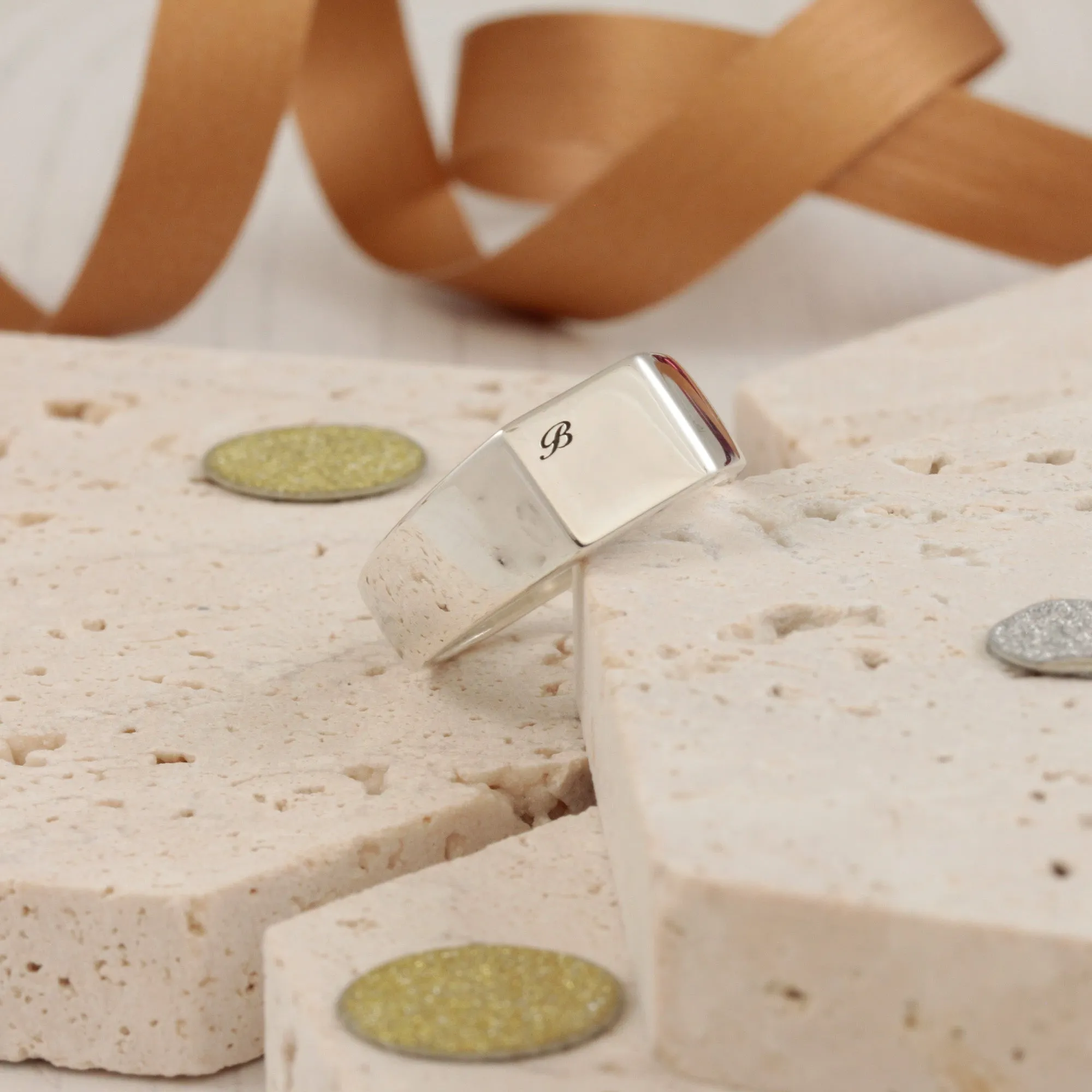 Script Initial Personalised Square Silver Signet Ring