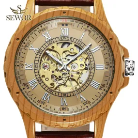 SEWOR 2018 Newest Imitation wood metal Dual digital display of men's automatic mechanical watch C328