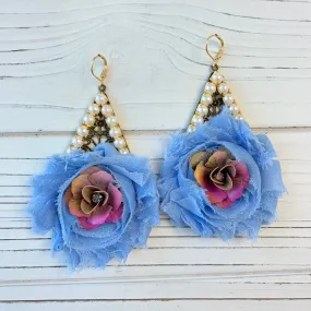 Shabby Chic Rosette Drop Statement Earrings in Sky