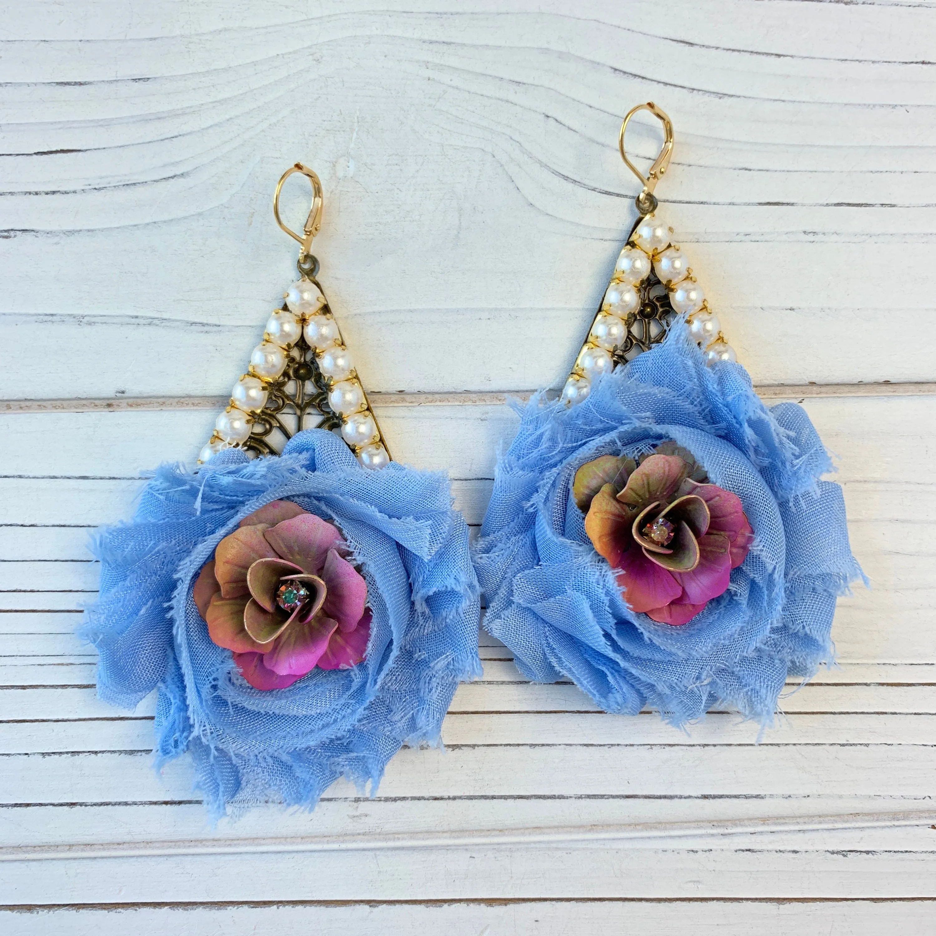 Shabby Chic Rosette Drop Statement Earrings in Sky