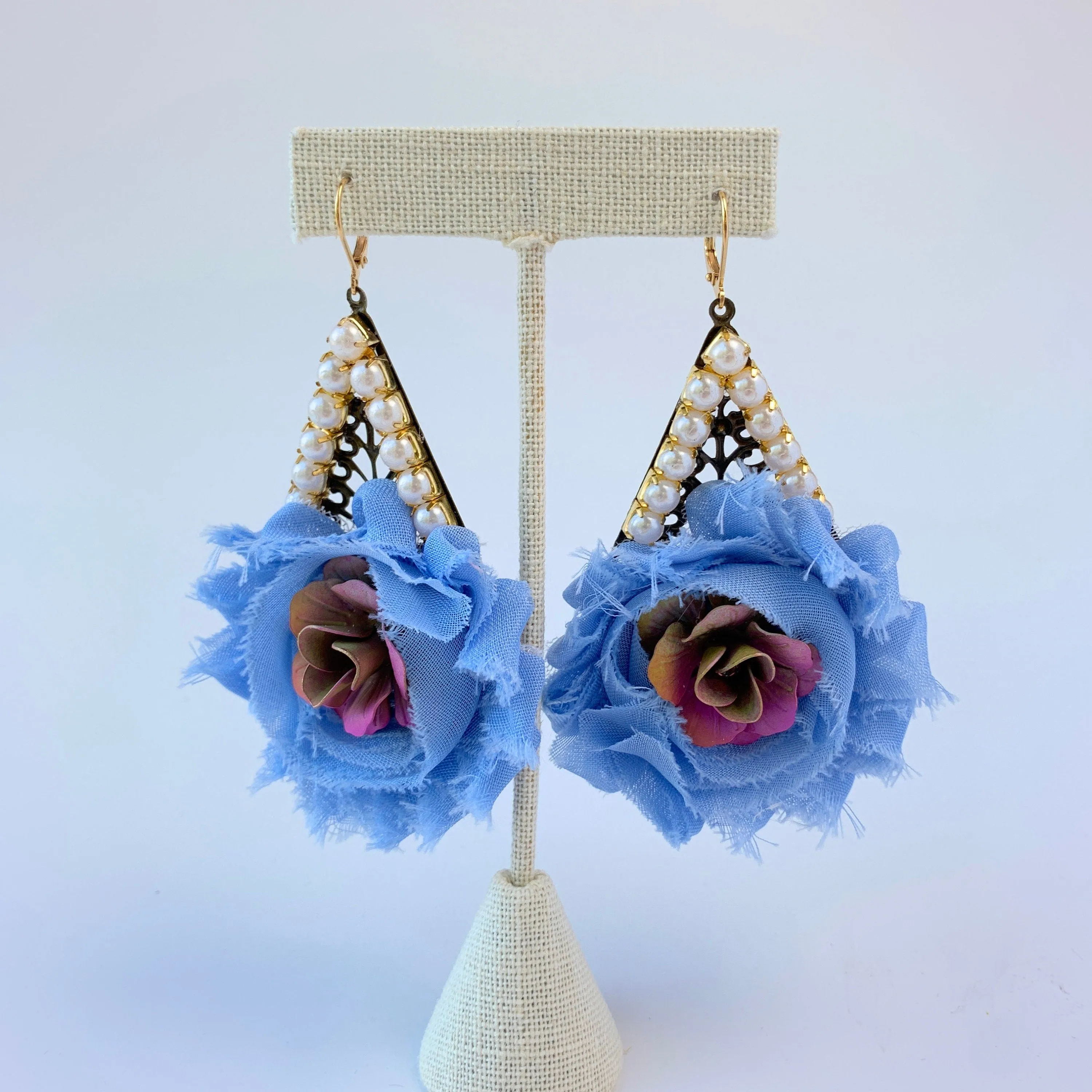 Shabby Chic Rosette Drop Statement Earrings in Sky