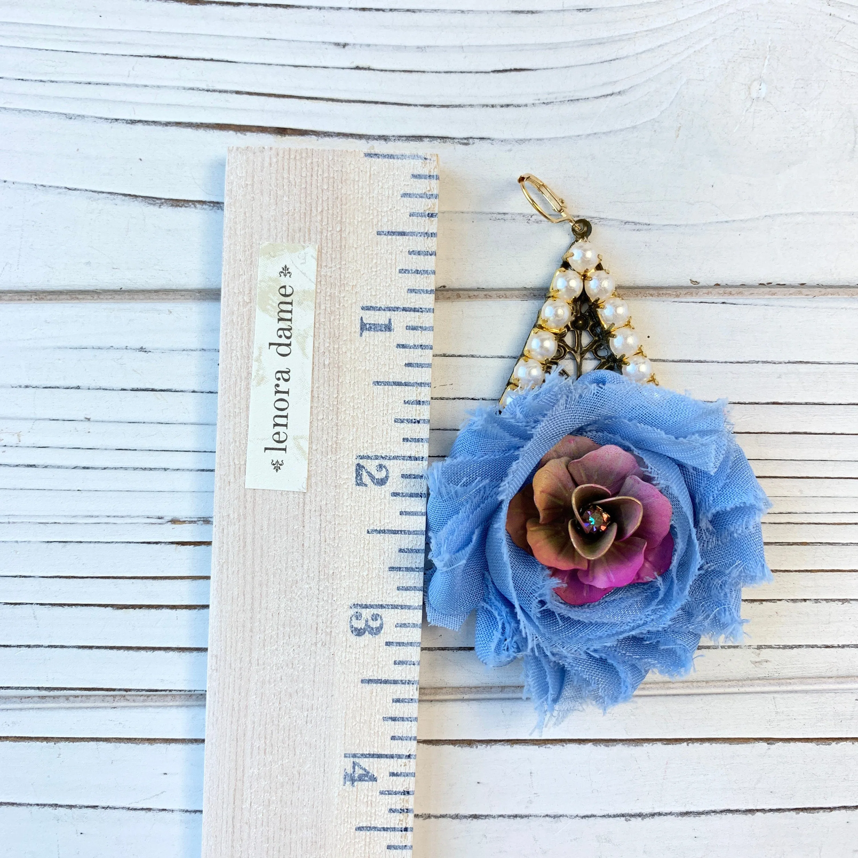 Shabby Chic Rosette Drop Statement Earrings in Sky
