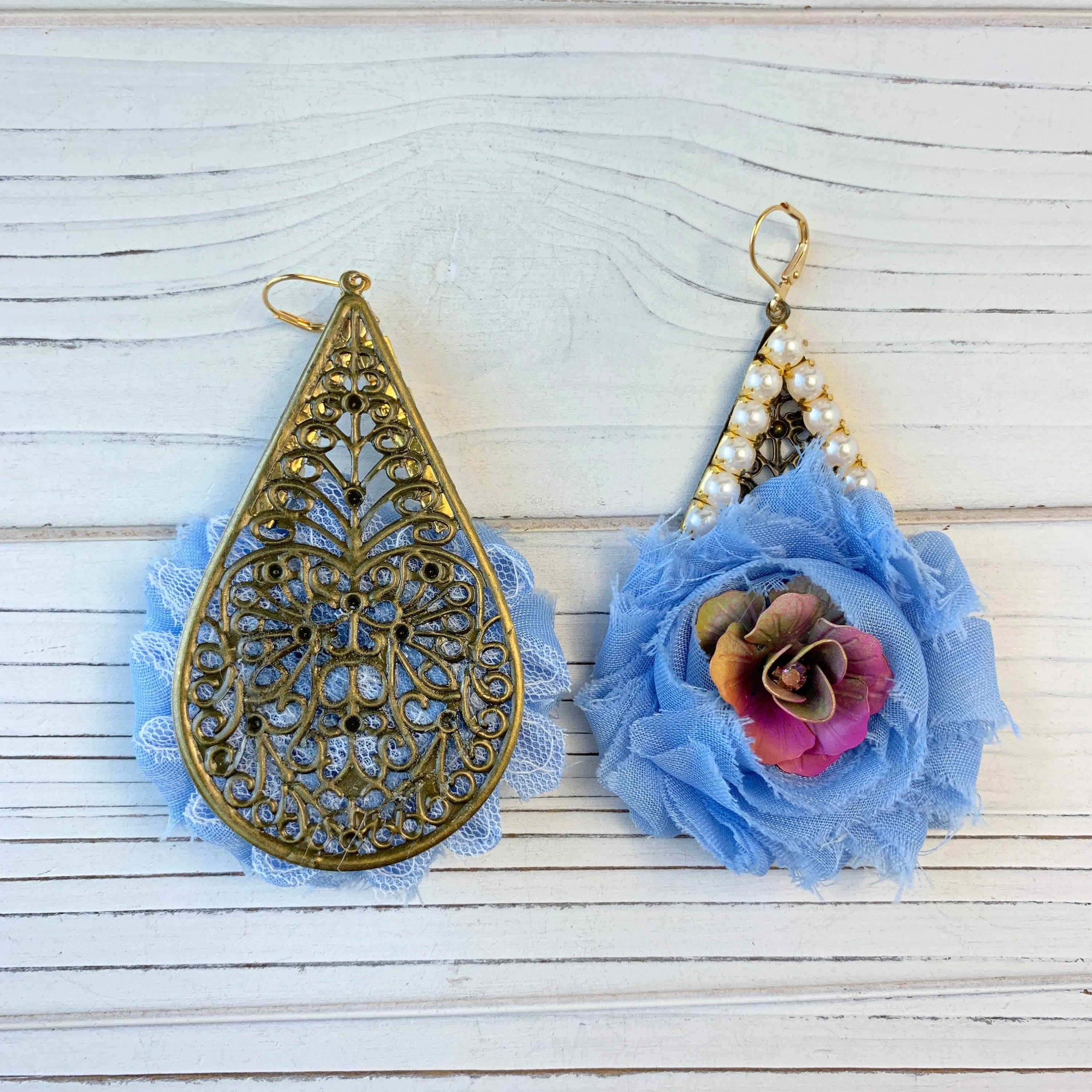 Shabby Chic Rosette Drop Statement Earrings in Sky