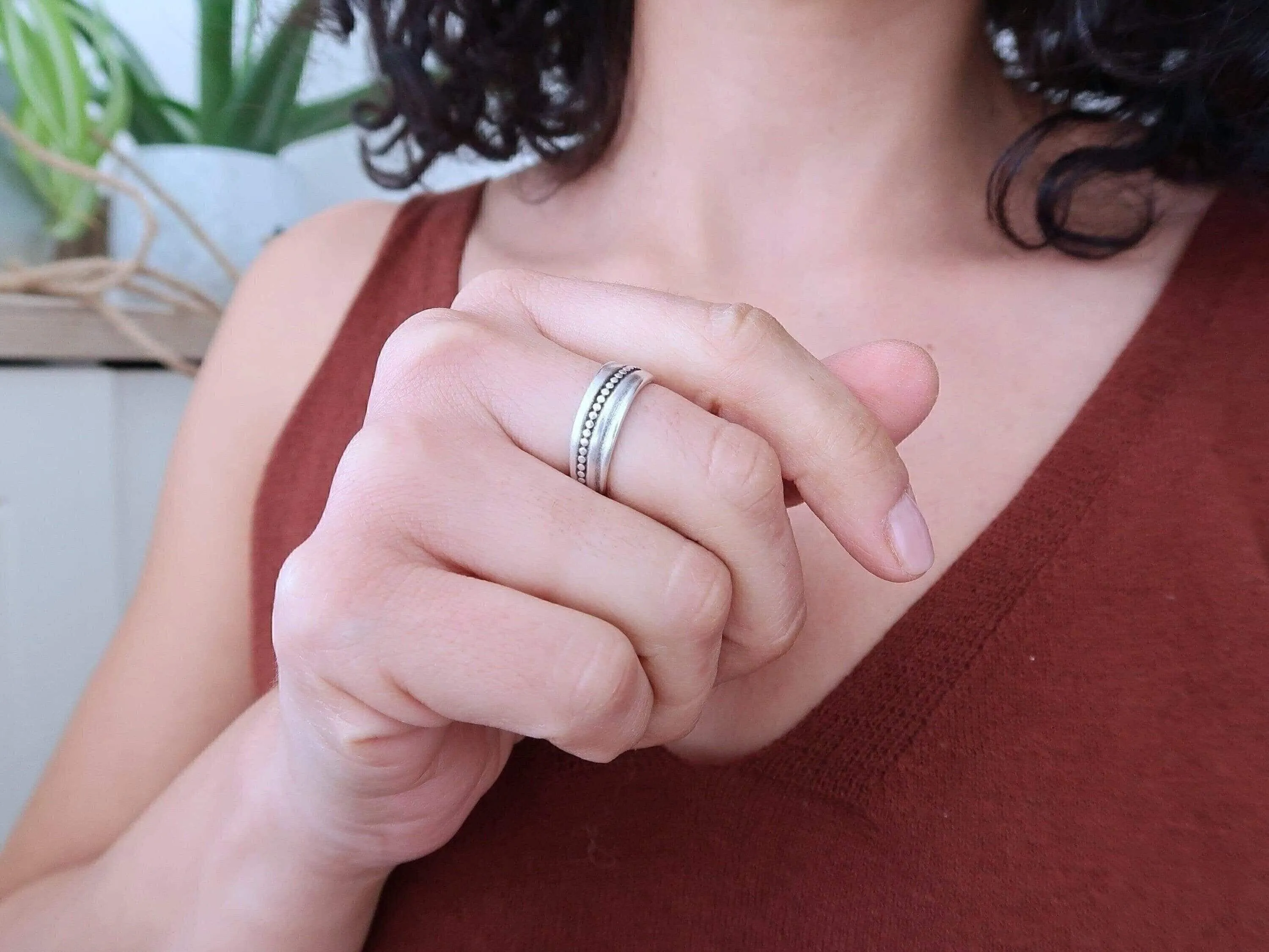 Silver Band with a Wavy Dotted-Line Ring