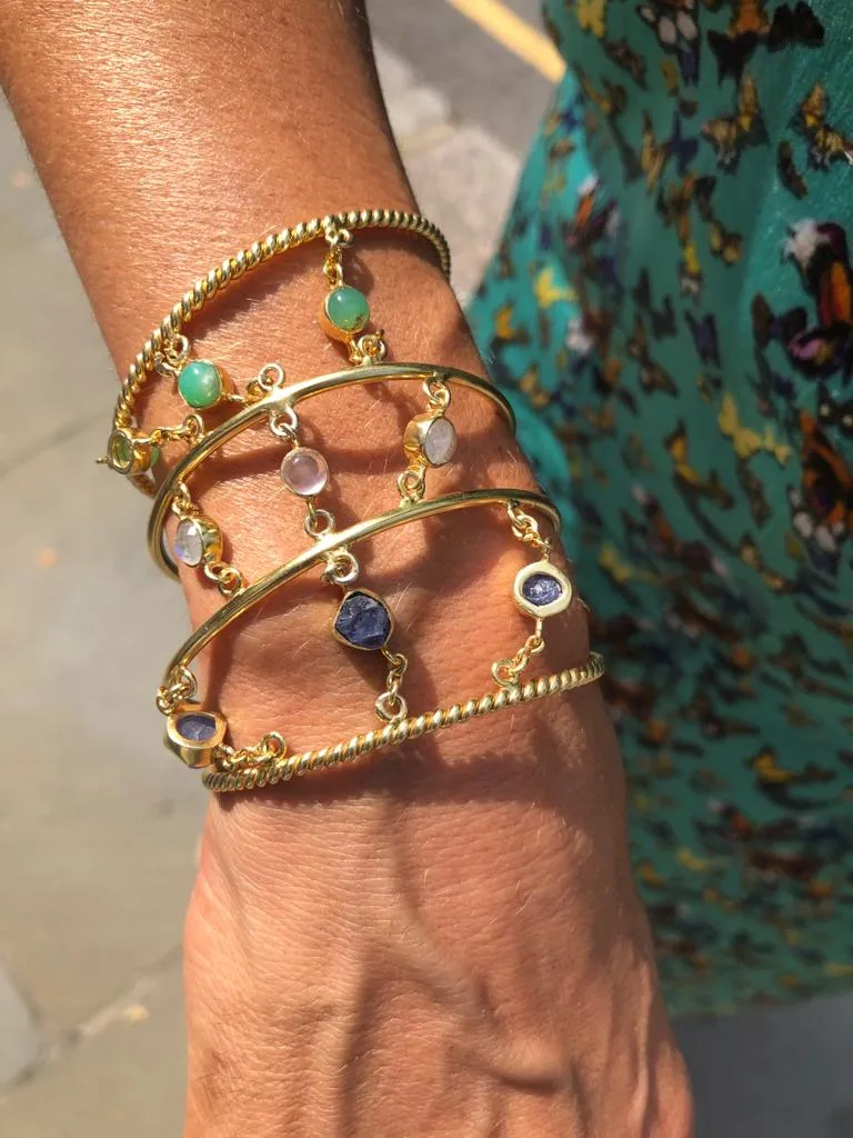 'Sitting Pretty' Sapphires, Chrysoprase & Moonstone 4 torque bangle stack - 14ct Gold vermeil on 925 - adjustable - link connectors