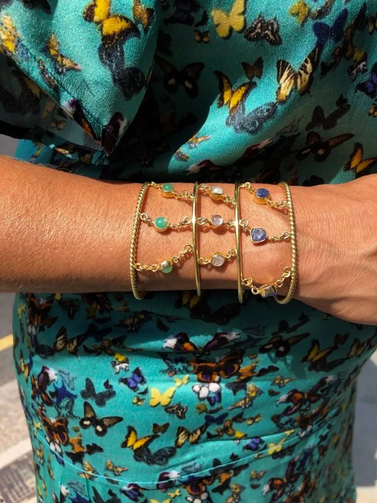 'Sitting Pretty' Sapphires, Chrysoprase & Moonstone 4 torque bangle stack - 14ct Gold vermeil on 925 - adjustable - link connectors