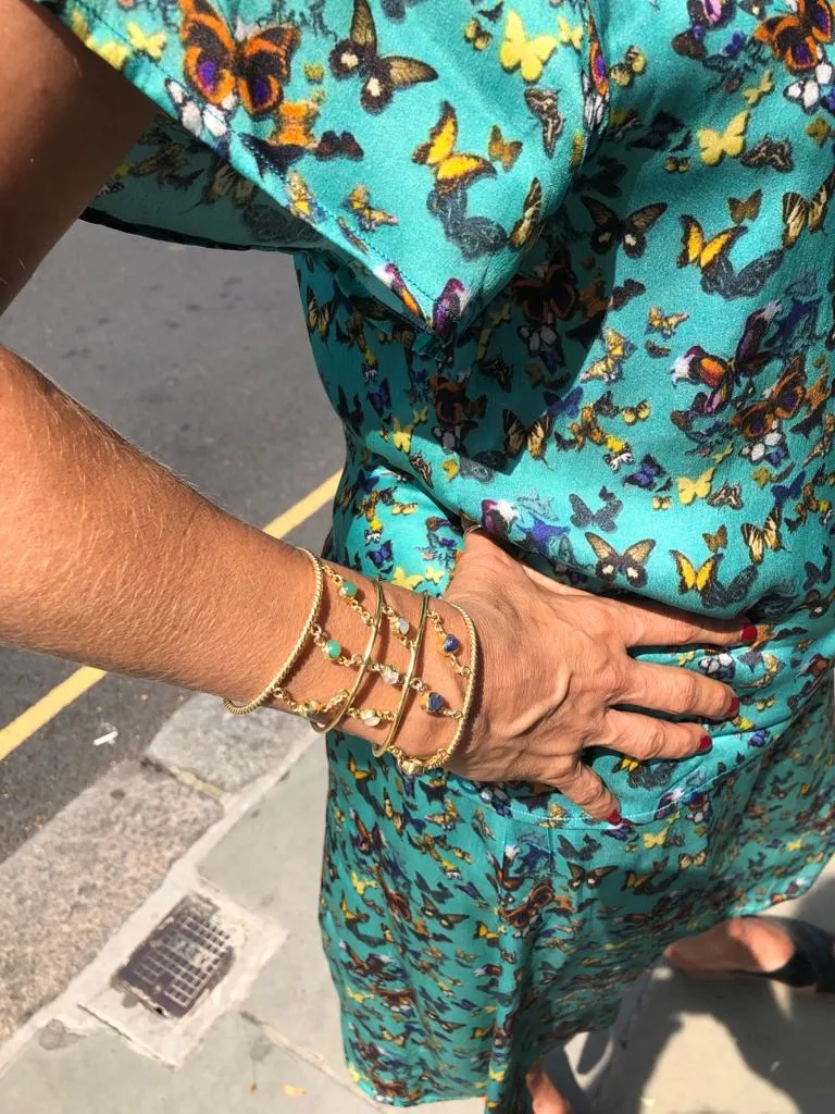 'Sitting Pretty' Sapphires, Chrysoprase & Moonstone 4 torque bangle stack - 14ct Gold vermeil on 925 - adjustable - link connectors