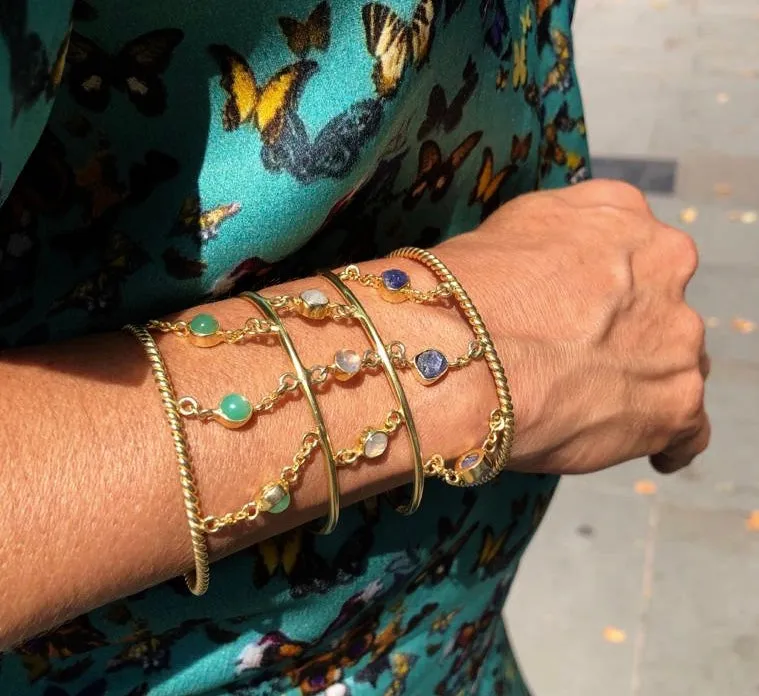 'Sitting Pretty' Sapphires, Chrysoprase & Moonstone 4 torque bangle stack - 14ct Gold vermeil on 925 - adjustable - link connectors