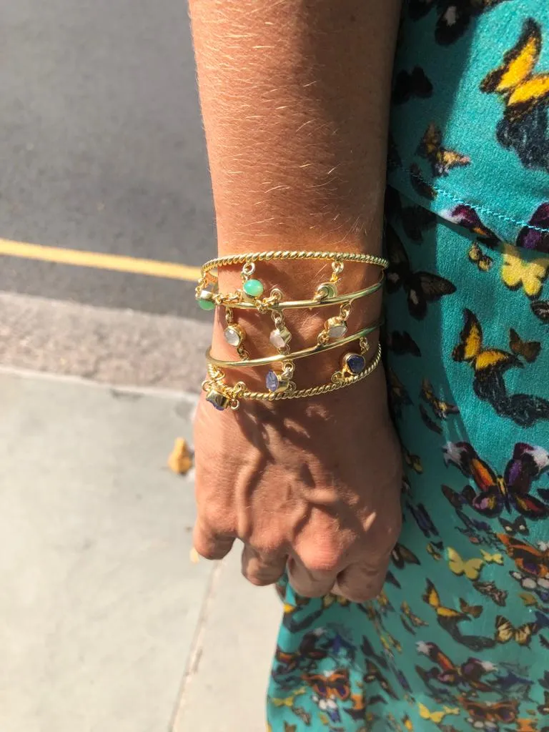 'Sitting Pretty' Sapphires, Chrysoprase & Moonstone 4 torque bangle stack - 14ct Gold vermeil on 925 - adjustable - link connectors