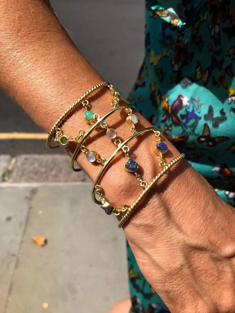 'Sitting Pretty' Sapphires, Chrysoprase & Moonstone 4 torque bangle stack - 14ct Gold vermeil on 925 - adjustable - link connectors