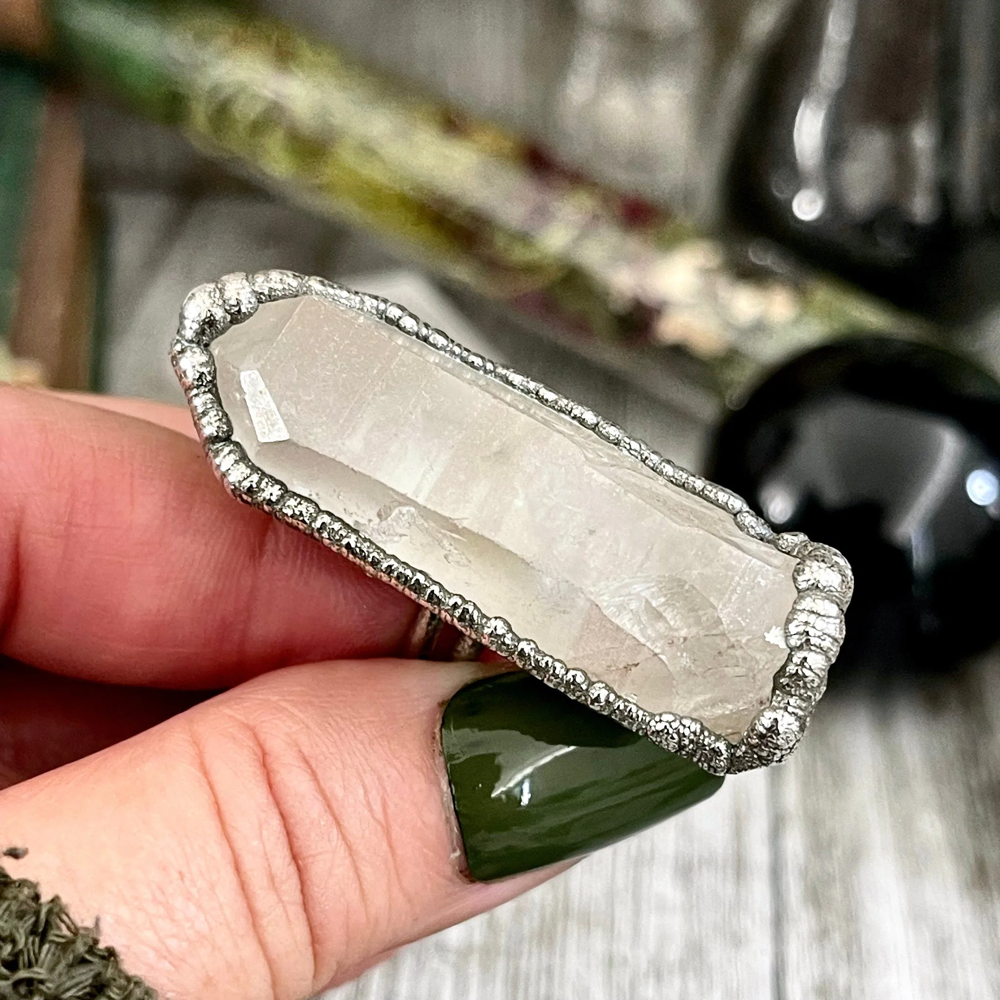 Size 10 Raw Clear Quartz Crystal Ring Set in Fine Silver  / Foxlark Collection - One of a Kind