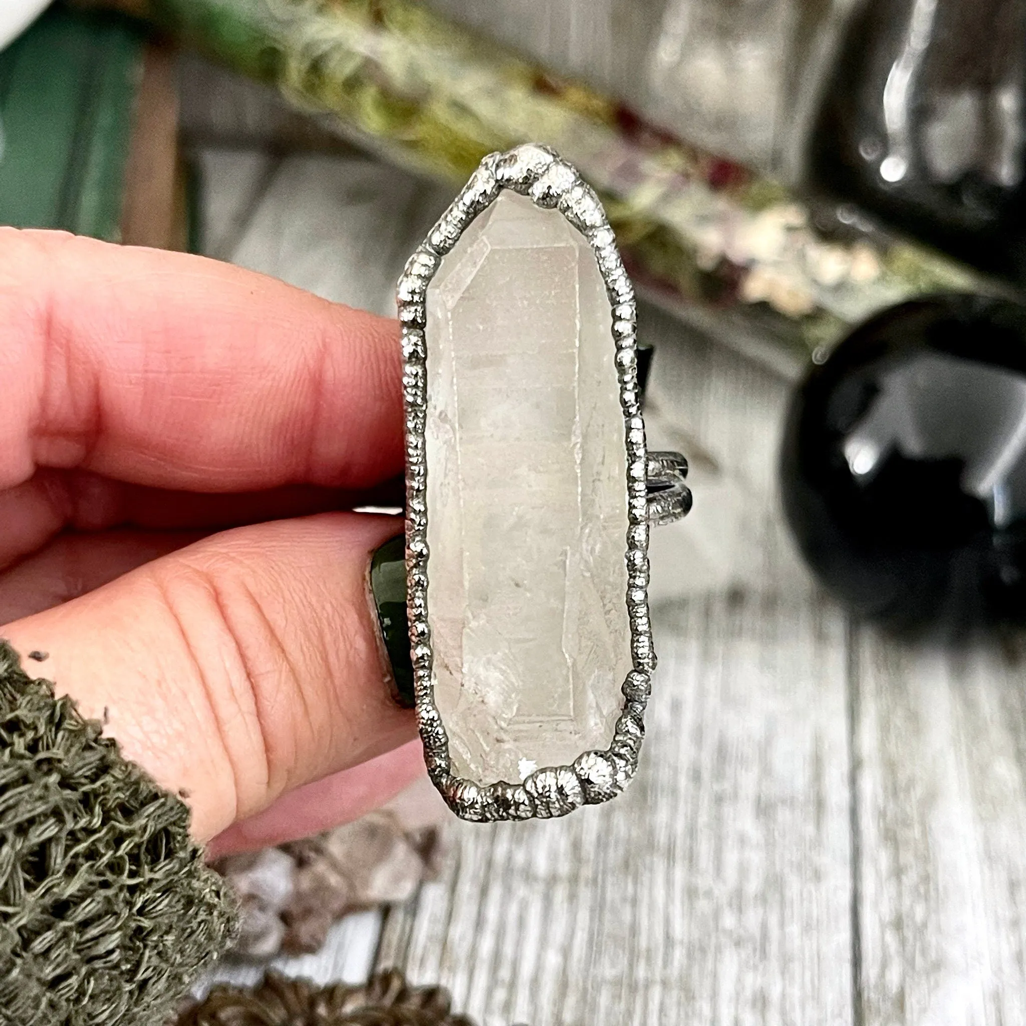 Size 10 Raw Clear Quartz Crystal Ring Set in Fine Silver  / Foxlark Collection - One of a Kind